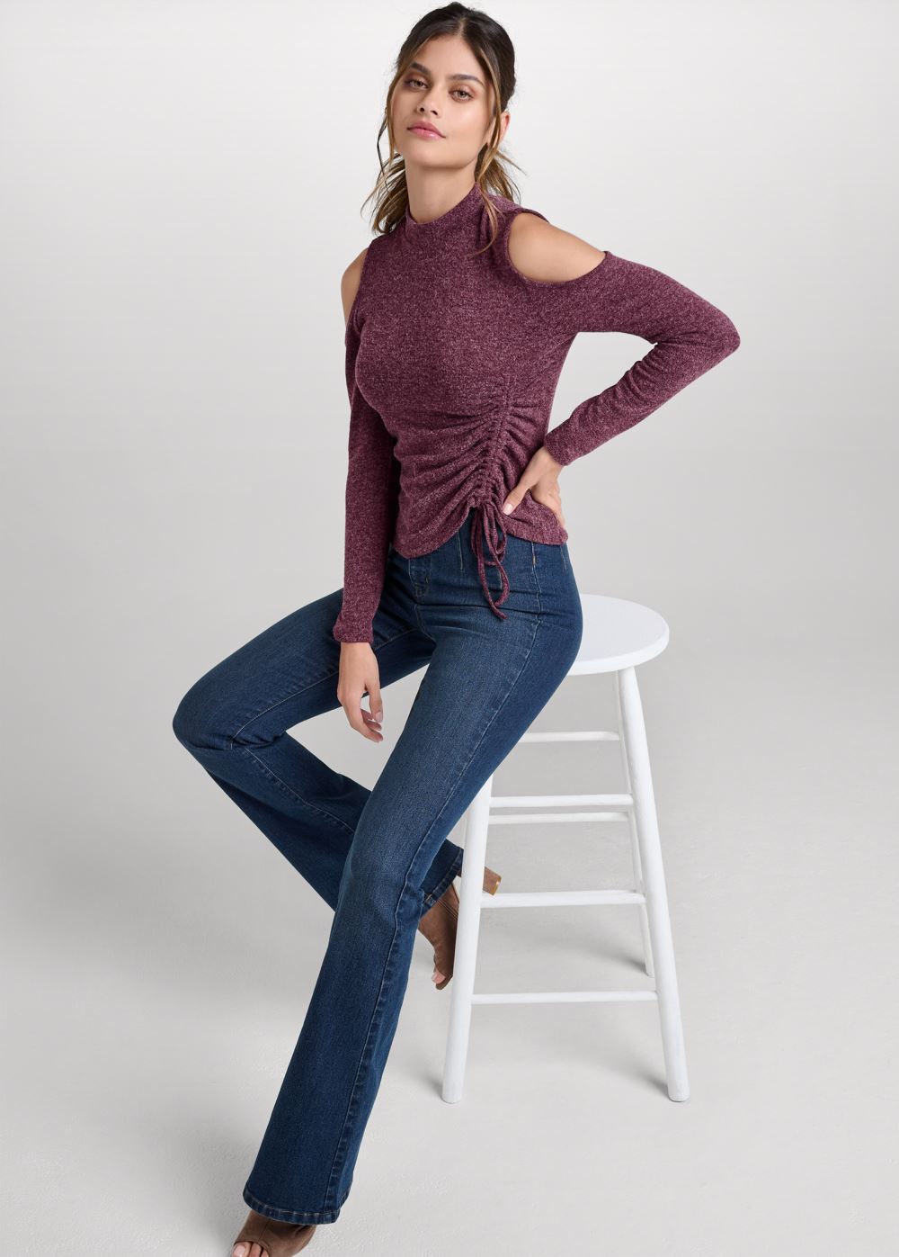 Venus Ruched Cold-Shoulder Top in Plum