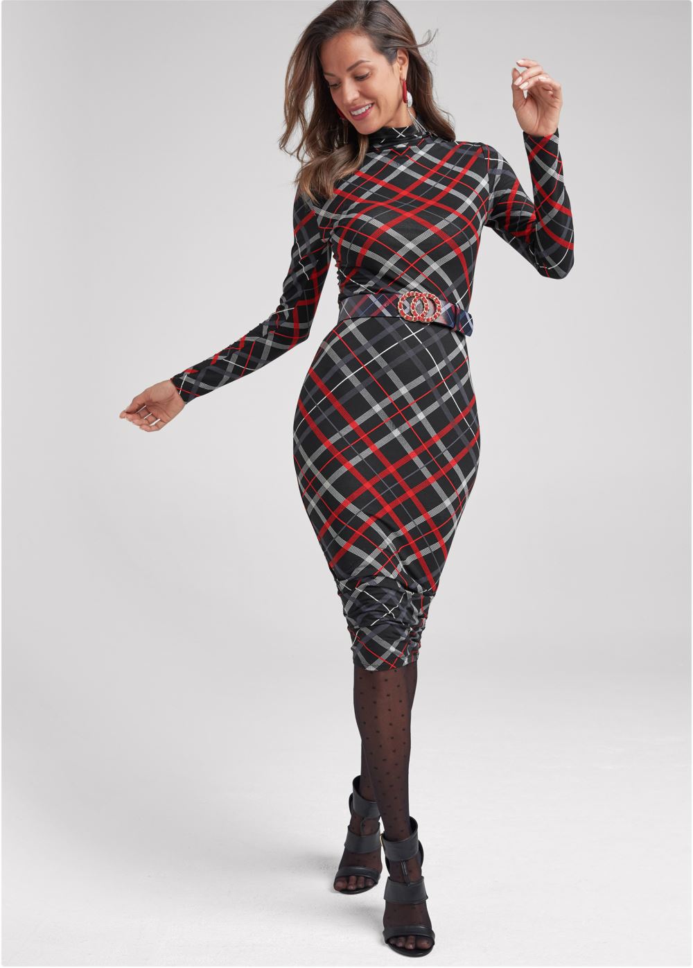 Venus Long Sleeve Ruched Dress - Red Multi
