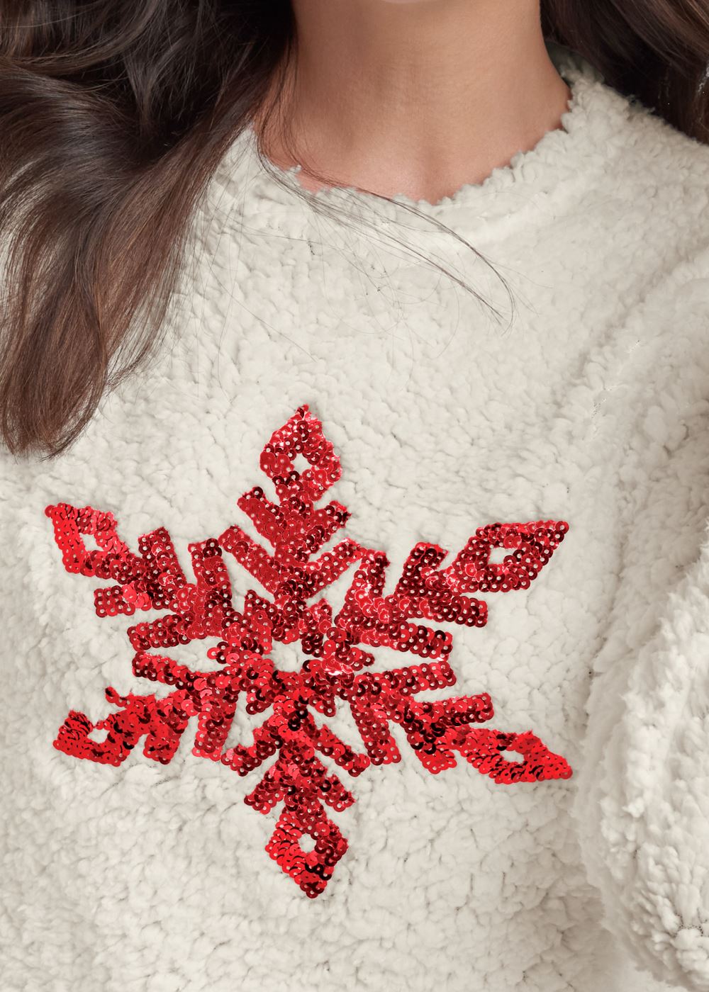 Venus Snowflake Sherpa Sweatshirt in White & Red