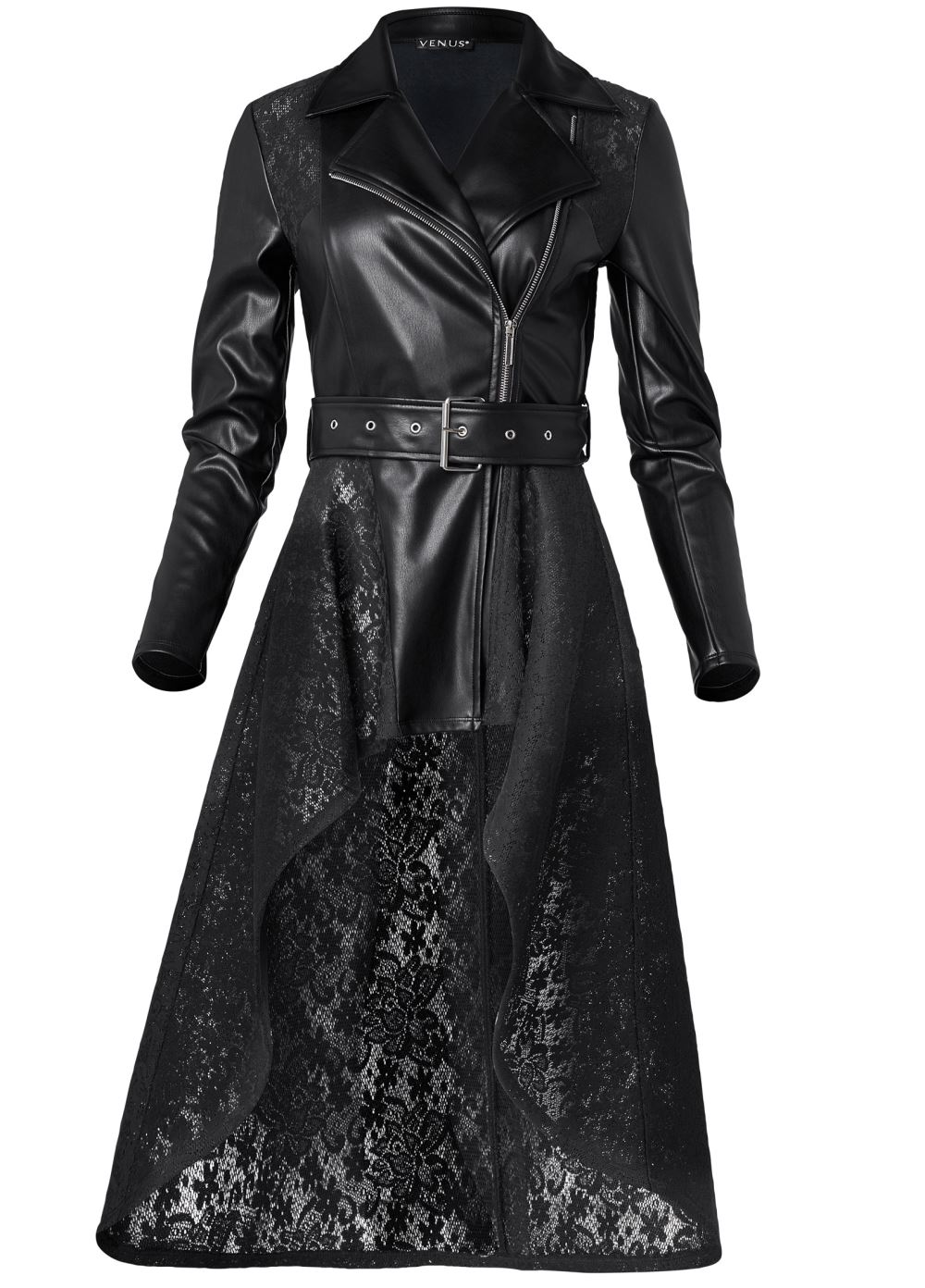 Venus Lace Detail Trench Coat in Black