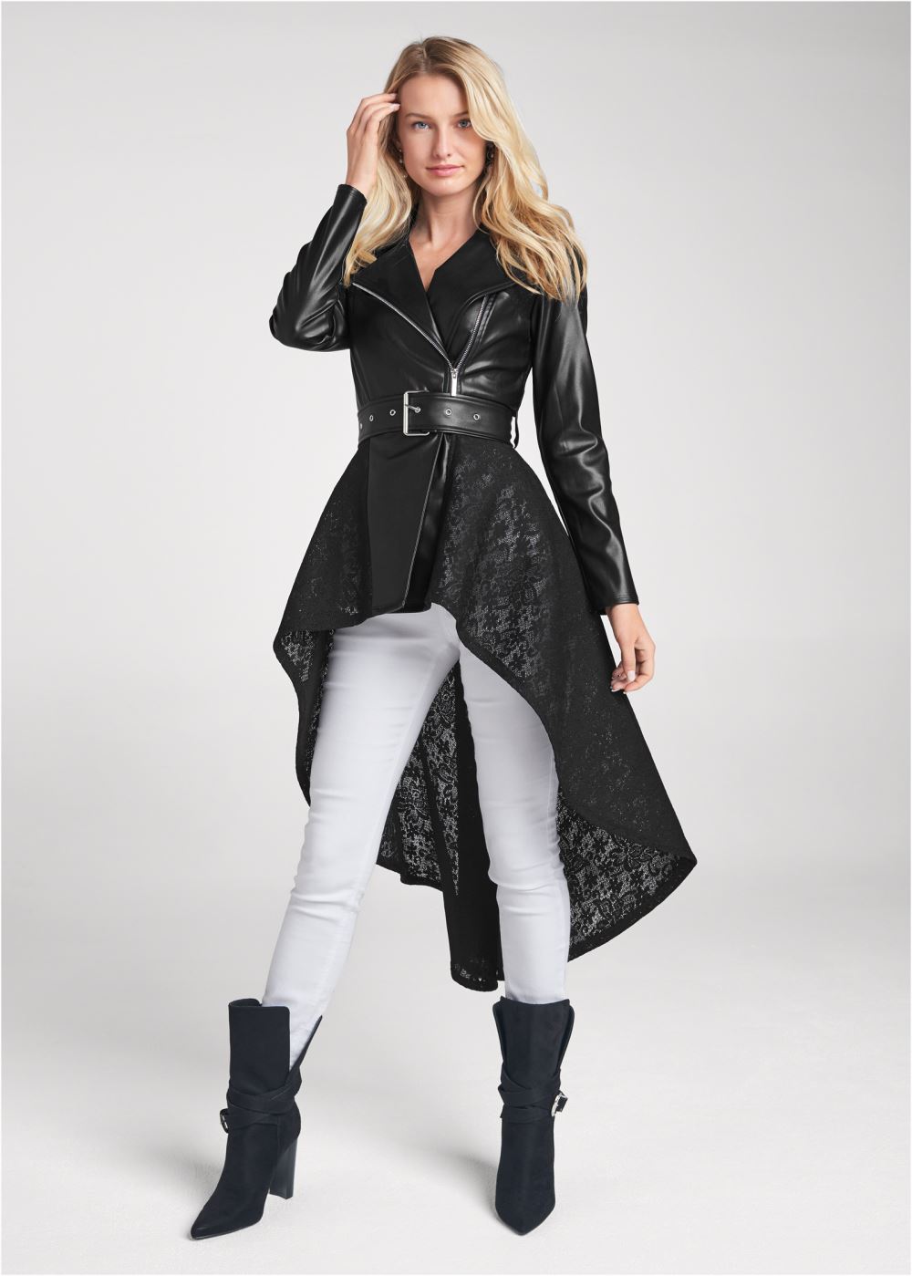Venus Lace Detail Trench Coat in Black