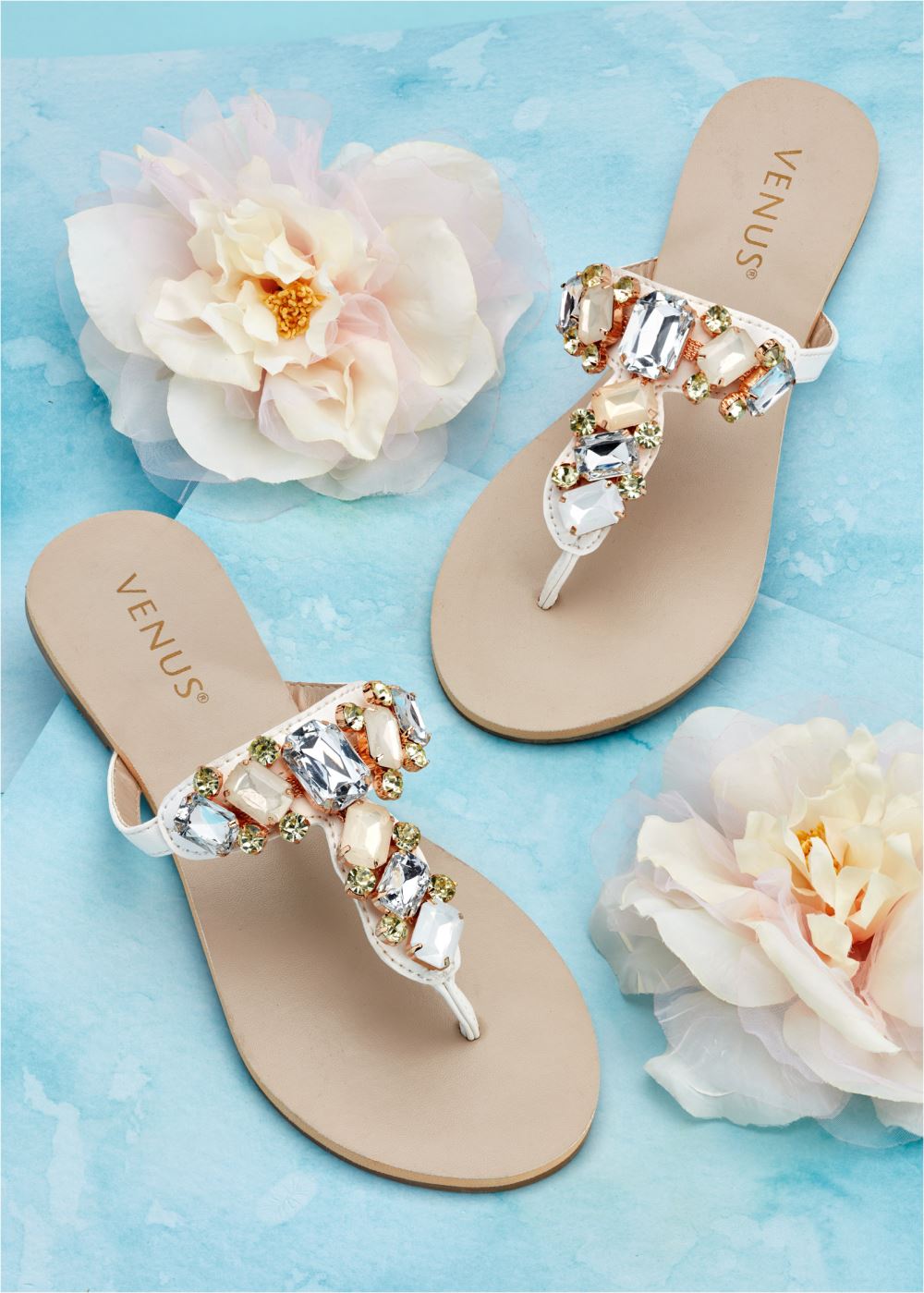 Venus Multi Color Stone Sandals in White