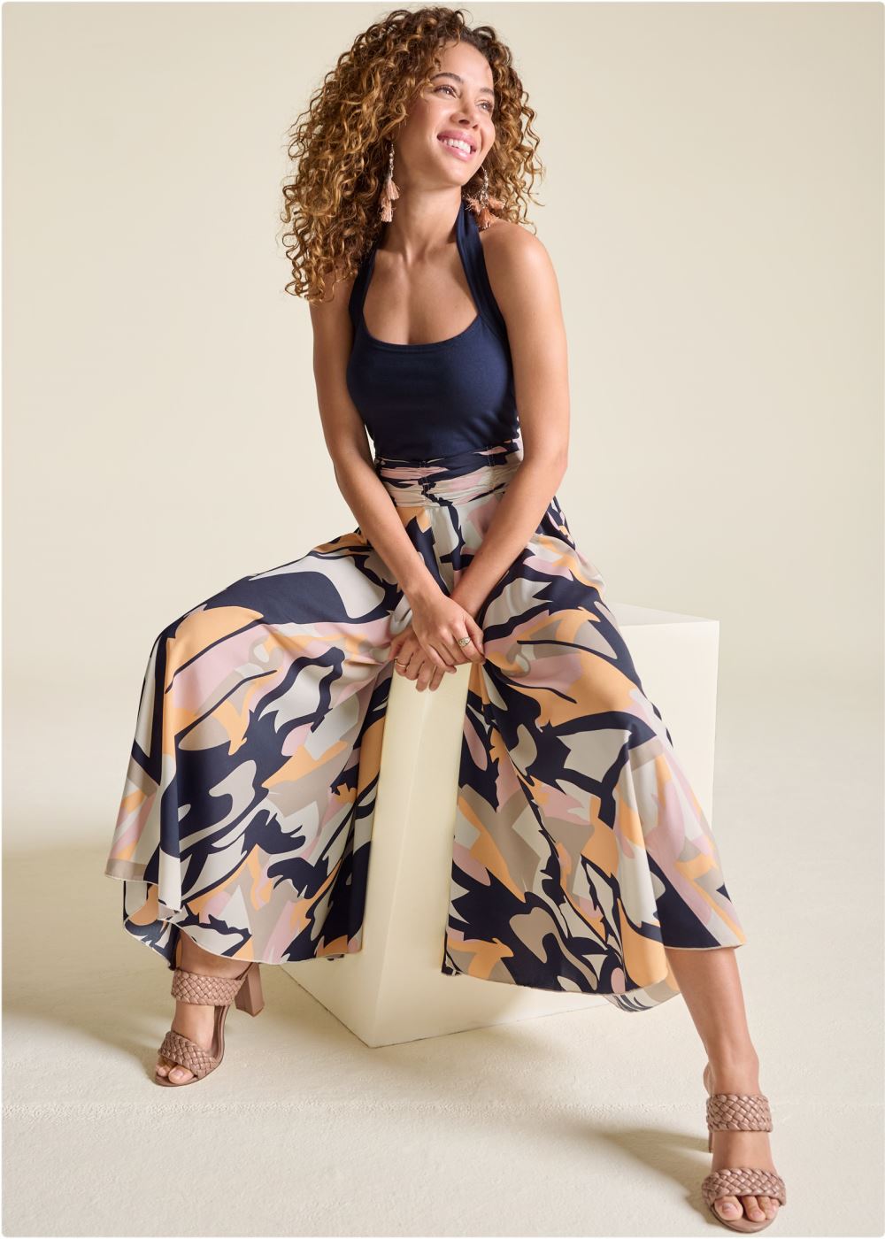 Venus Navy Multi PRINTED FLOWY PANTS