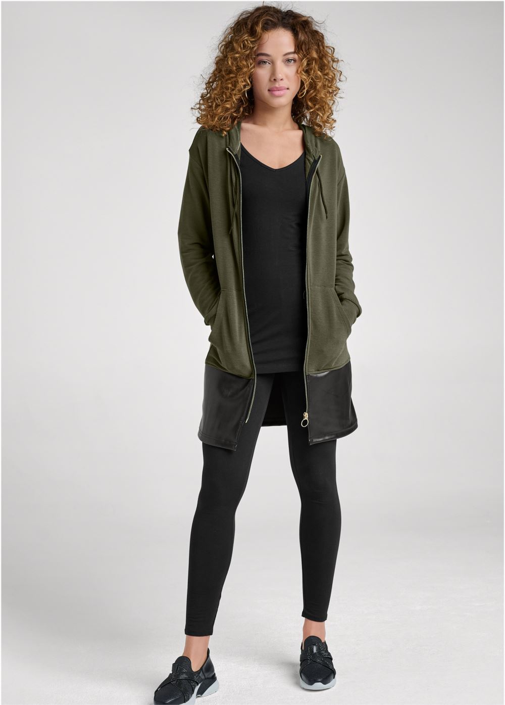 Venus Faux-Leather Tunic Jacket in Olive & Black