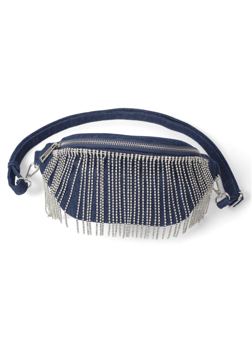Venus Rhinestone Fringe Fanny Pack in Denim Blue
