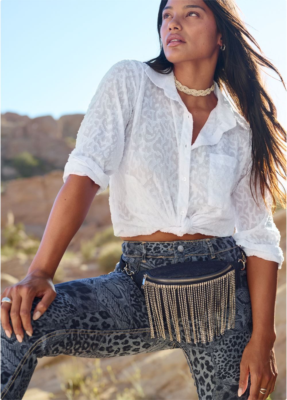 Venus Rhinestone Fringe Fanny Pack in Denim Blue