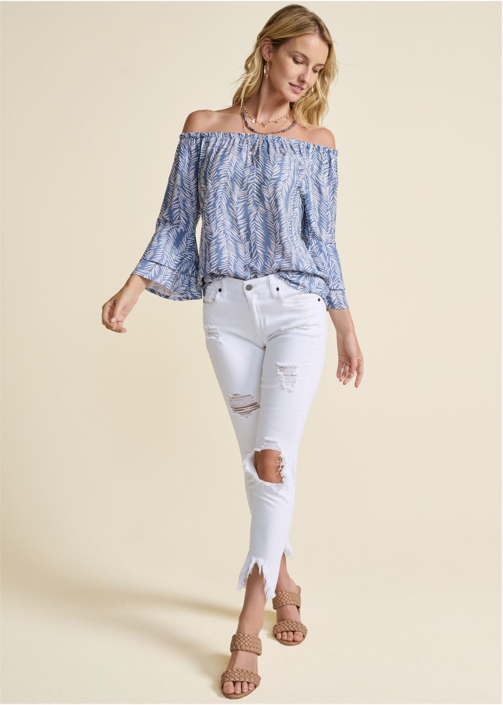 Venus Off-The-Shoulder Printed Top in Blue & White
