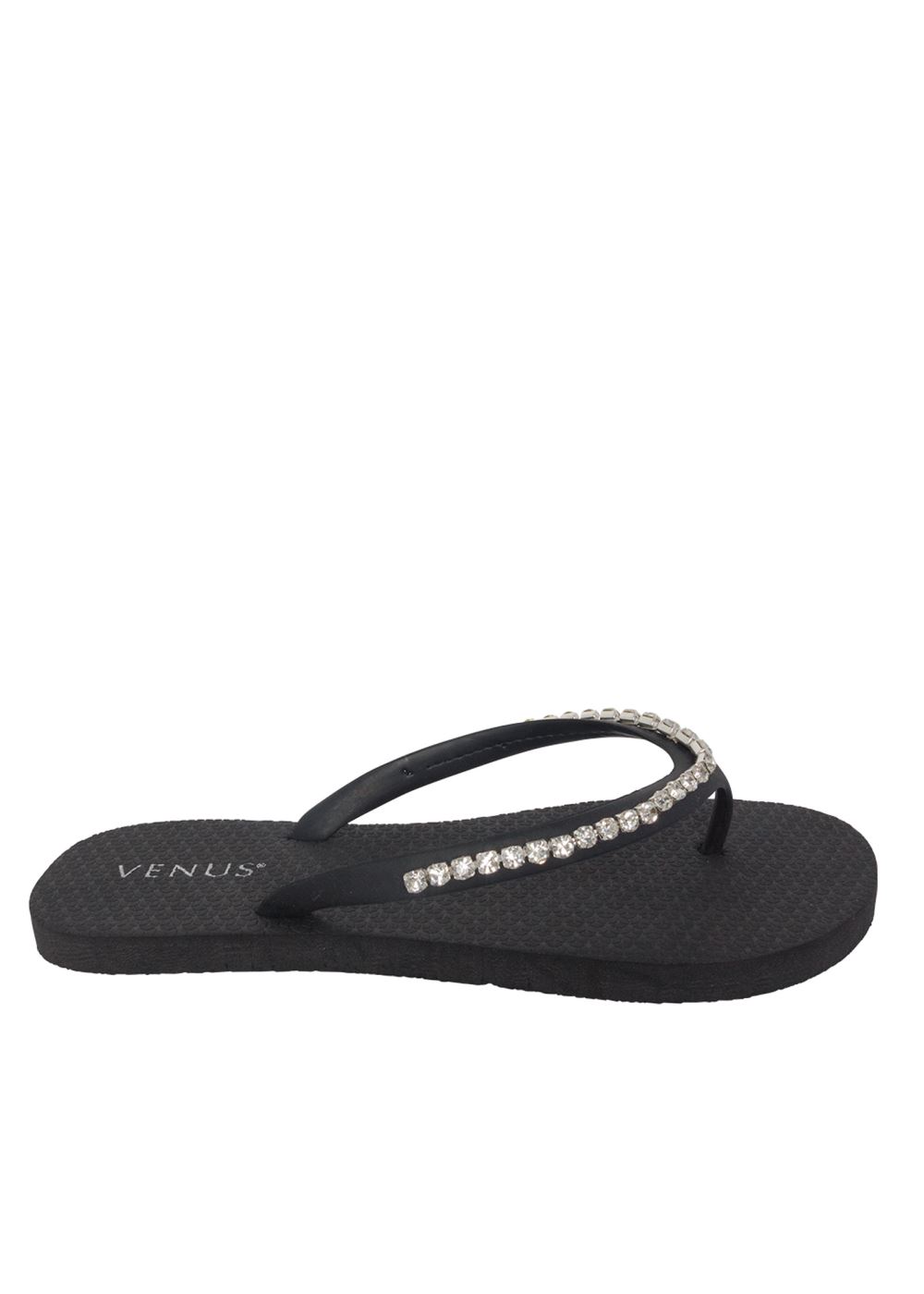 Venus Rhinestone Flip-Flop Sandals in Black