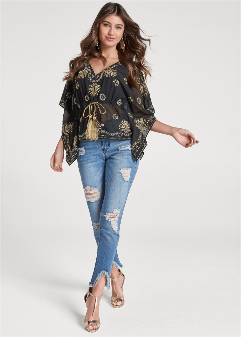 Venus Embellished Handkerchief Top in Black & Gold
