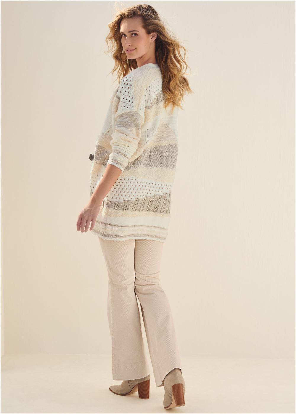 Venus VENUS | Mixed Texture Open Cardigan in Cream Multi
