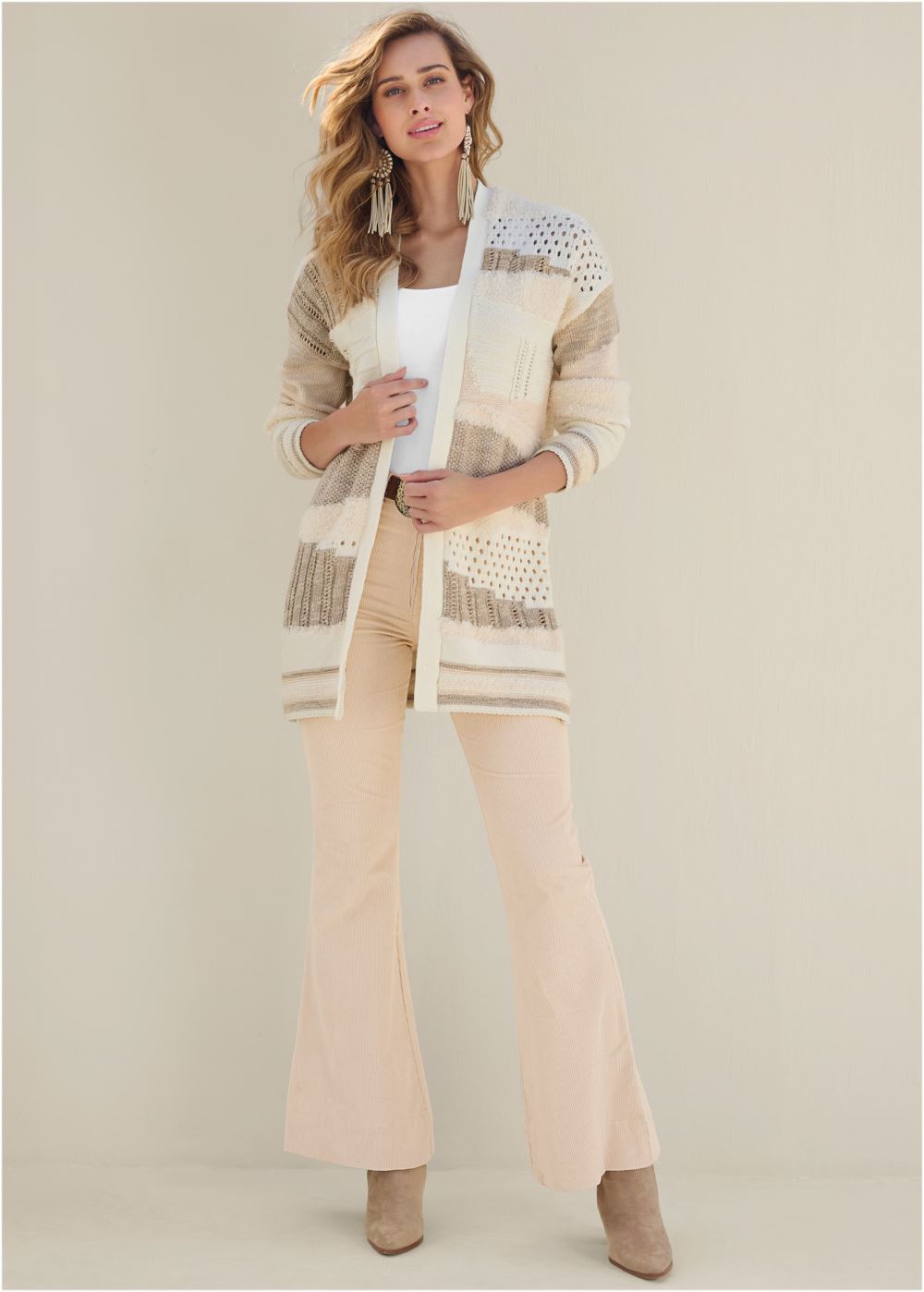 Venus VENUS | Mixed Texture Open Cardigan in Cream Multi