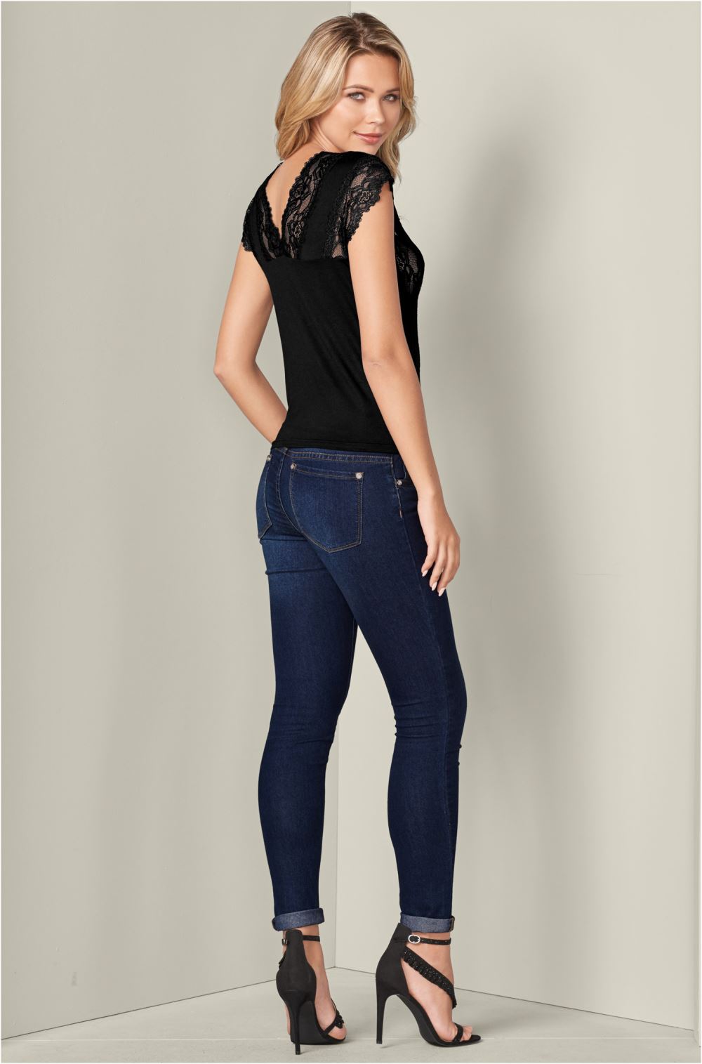 Venus Lace Inset V-Neck Top in Black
