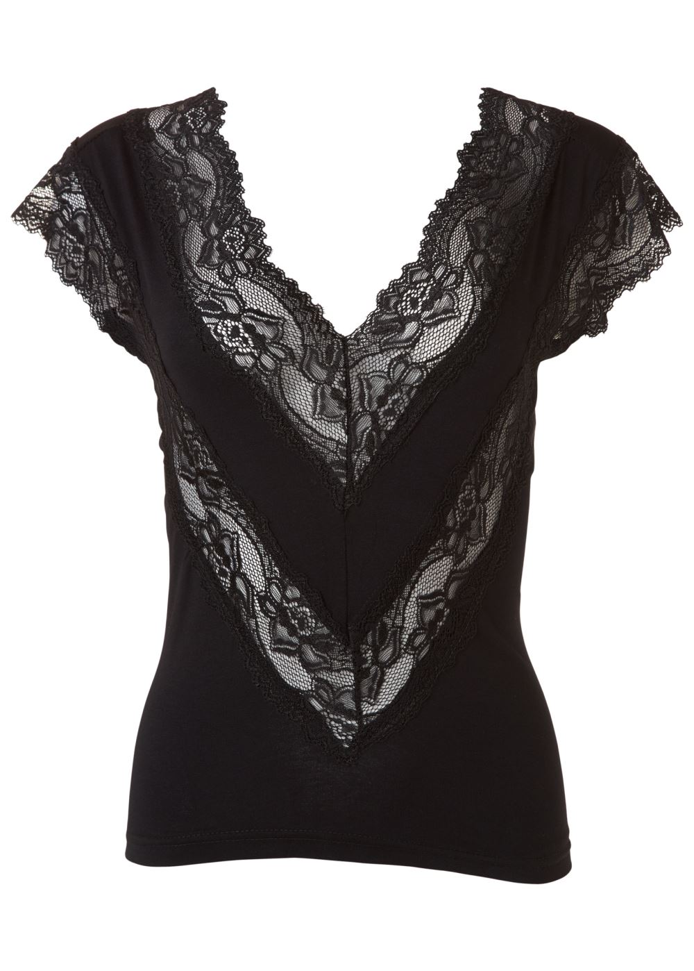 Venus Lace Inset V-Neck Top in Black