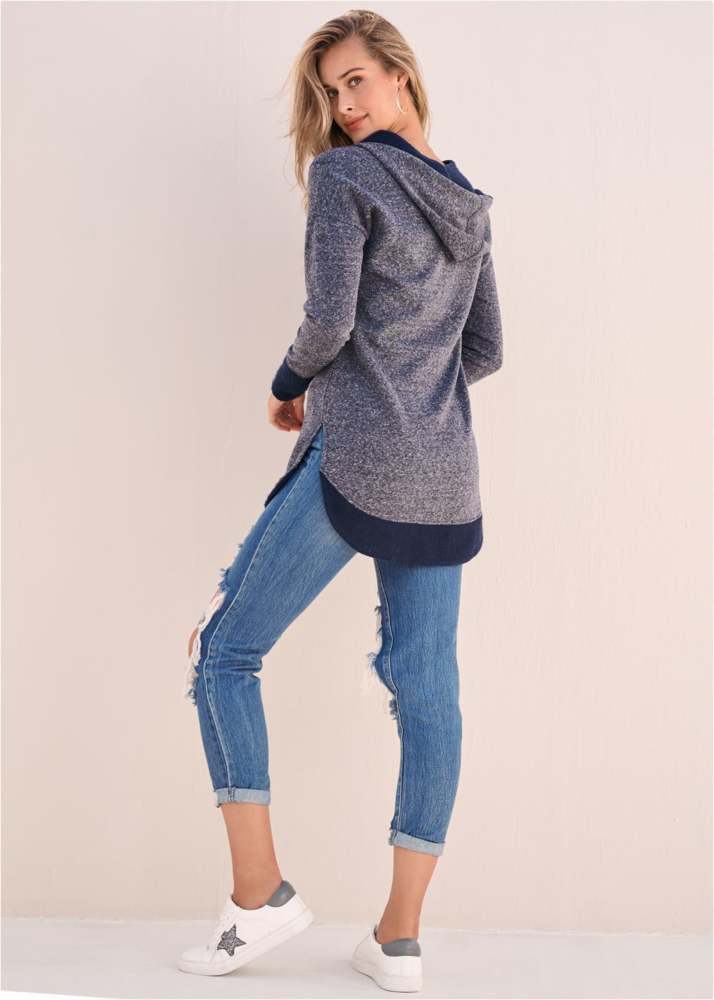 Venus Tunic Length Zip Up Hoodie Jacket in Navy