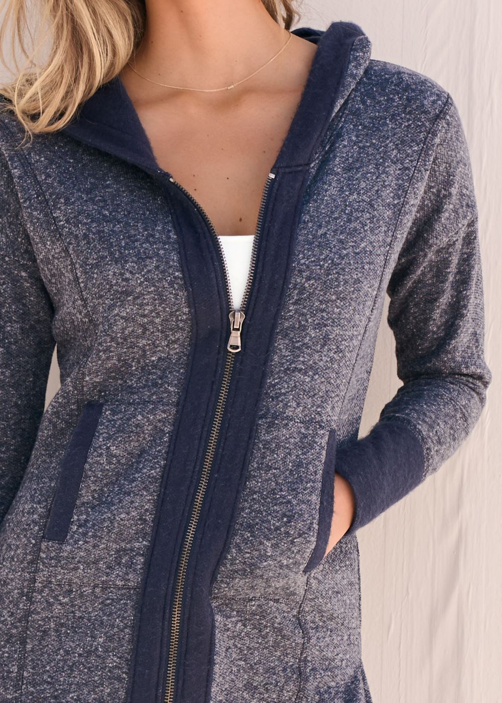 Venus Tunic Length Zip Up Hoodie Jacket in Navy