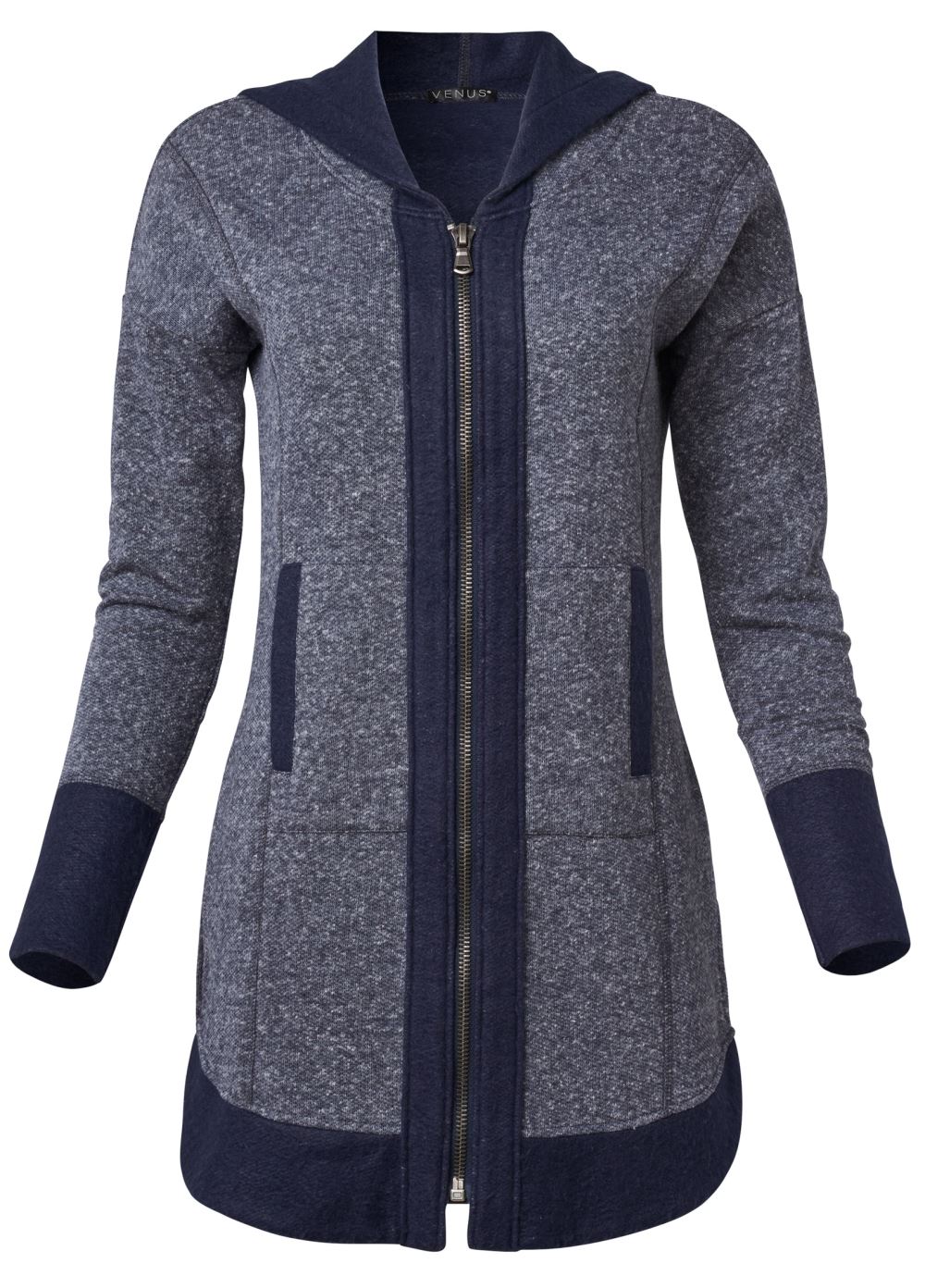 Venus Tunic Length Zip Up Hoodie Jacket in Navy