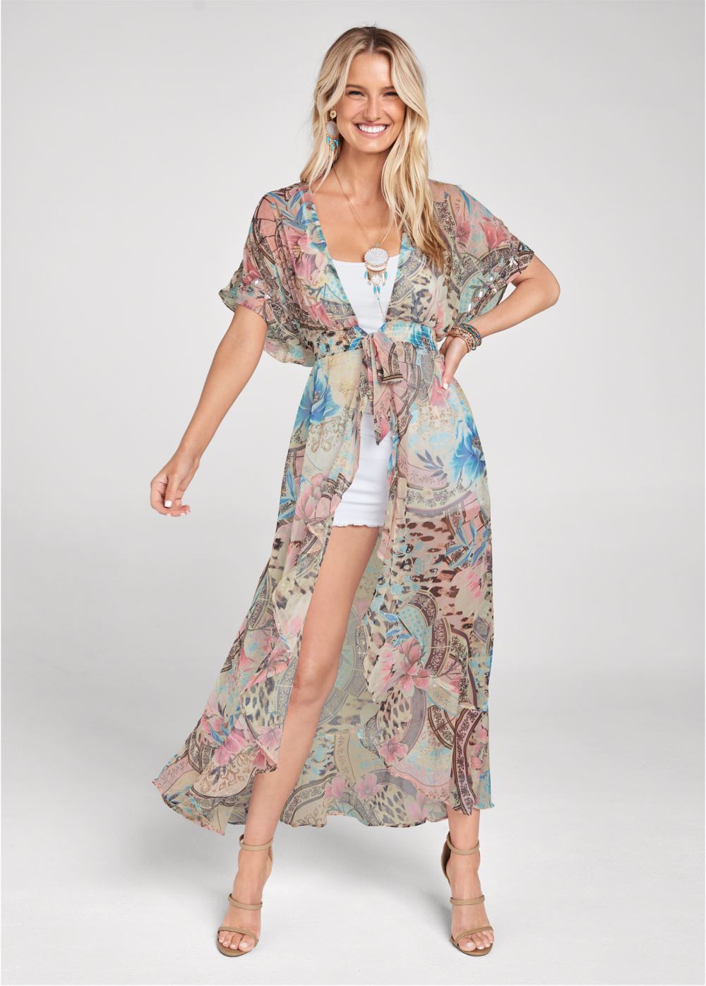 Venus Embellished Floral And Paisley Print Maxi Top in Blush Multi