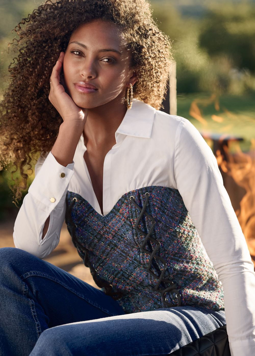 Venus Layered Tweed Bustier Top in Navy Multi