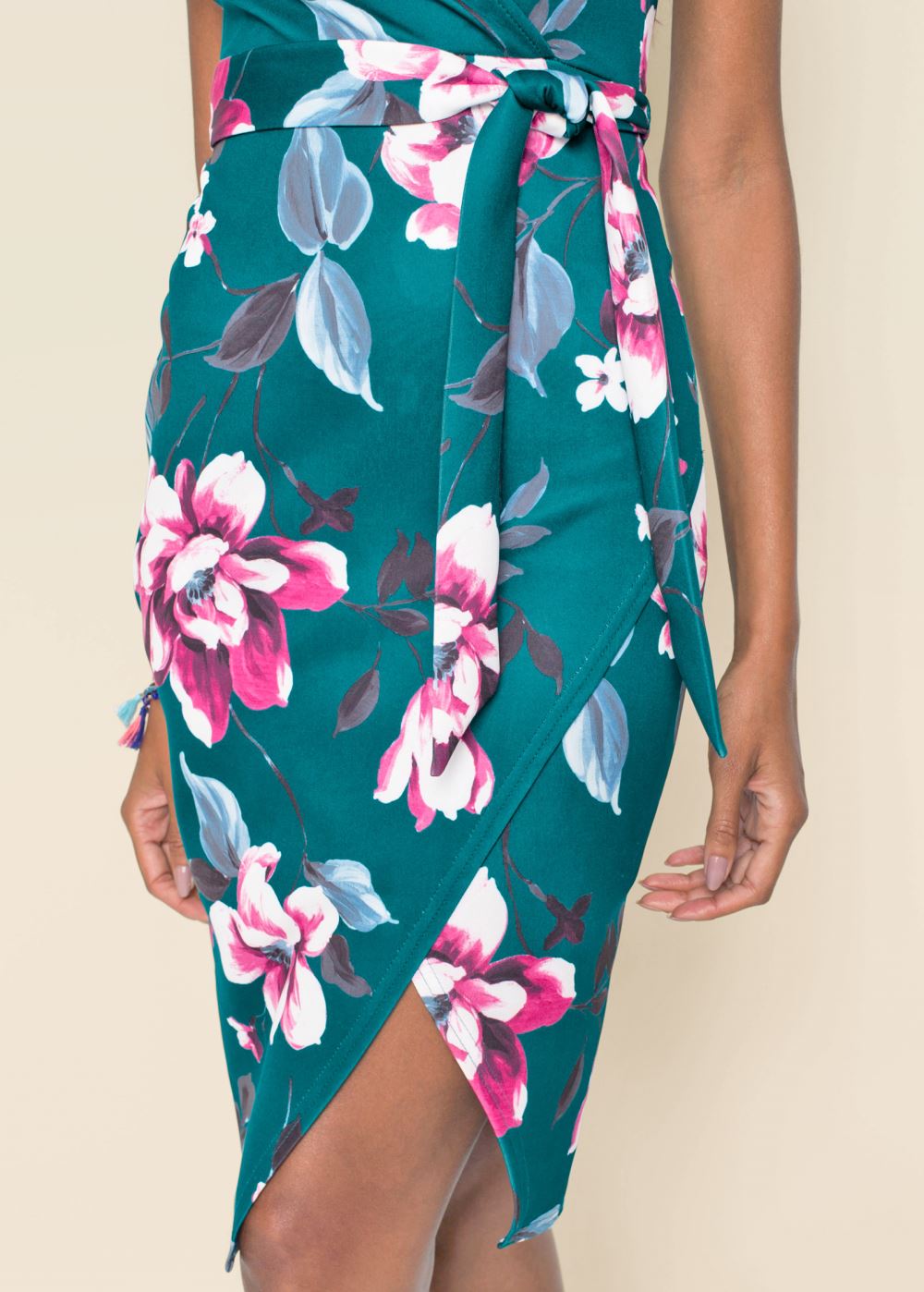 Venus Tie Detail Surplice Dress - Teal Multi
