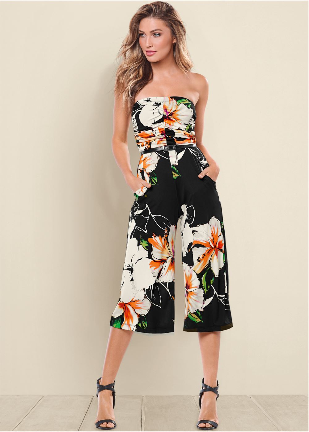 Venus Strapless Culotte Jumpsuit in Black Multi
