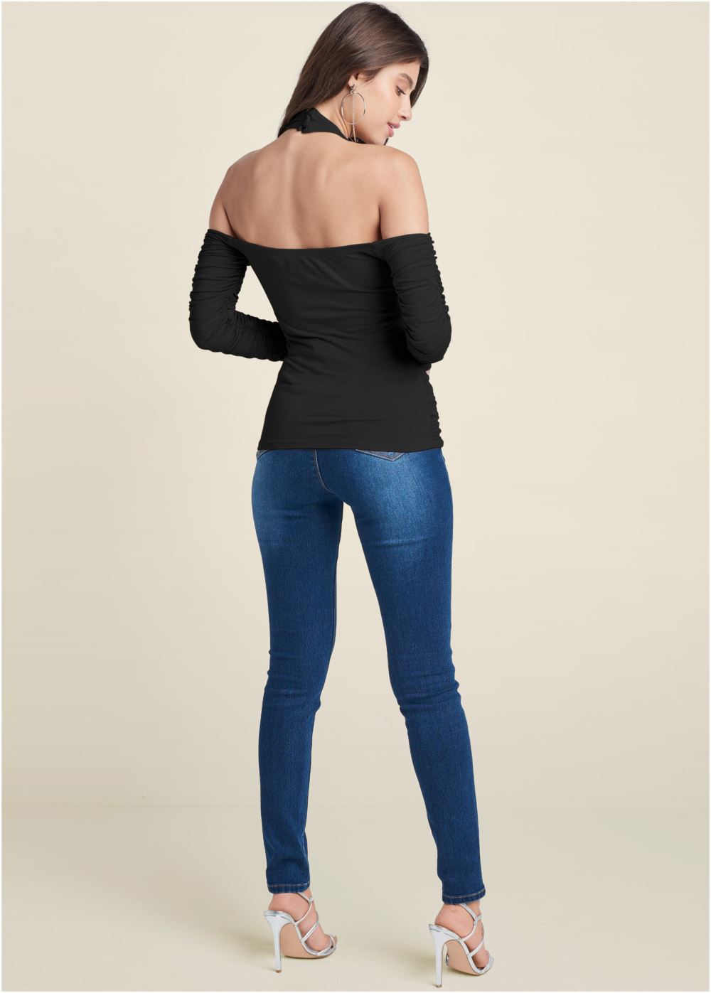 Venus Zip-Up Ruched V-Neck Top in Black