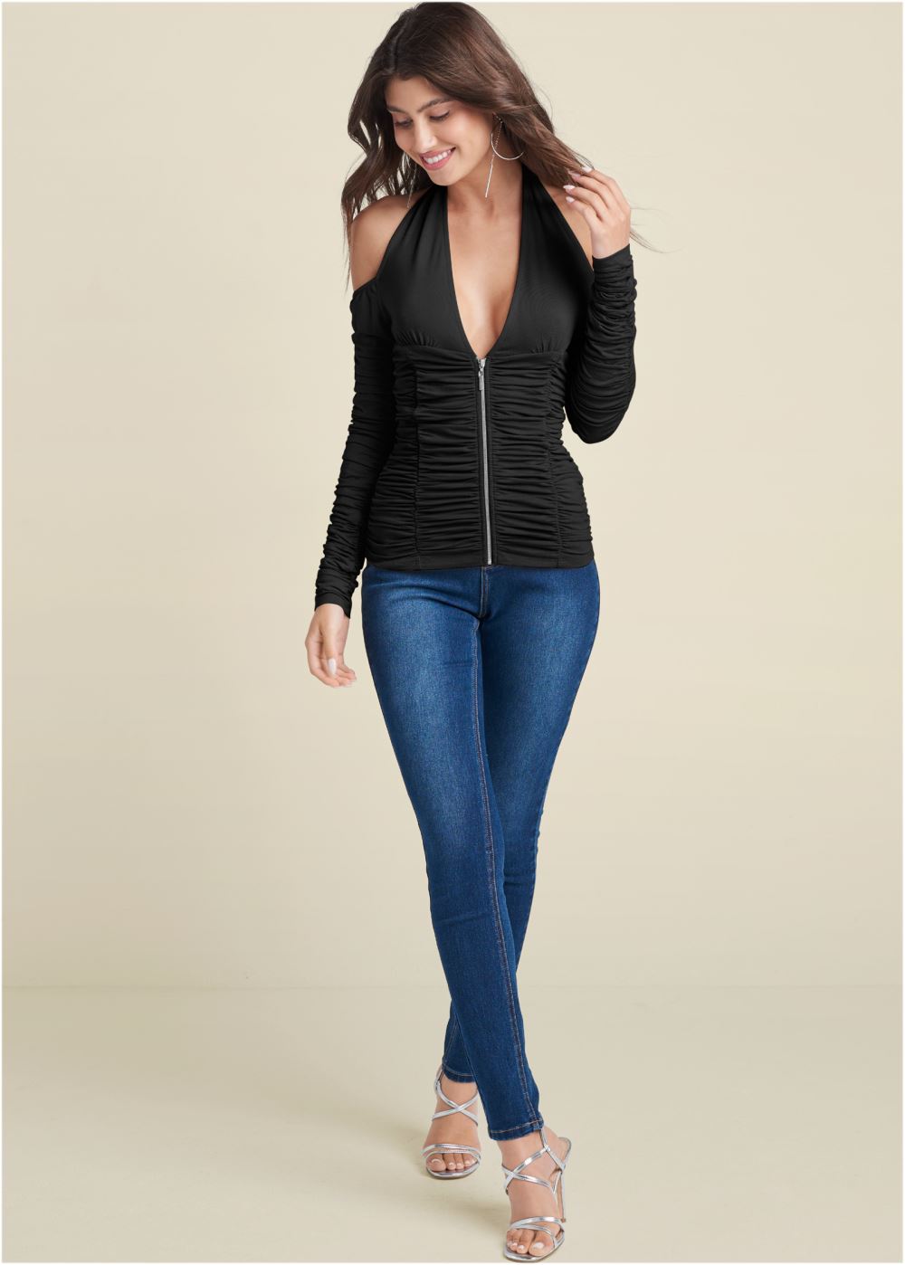 Venus Zip-Up Ruched V-Neck Top in Black