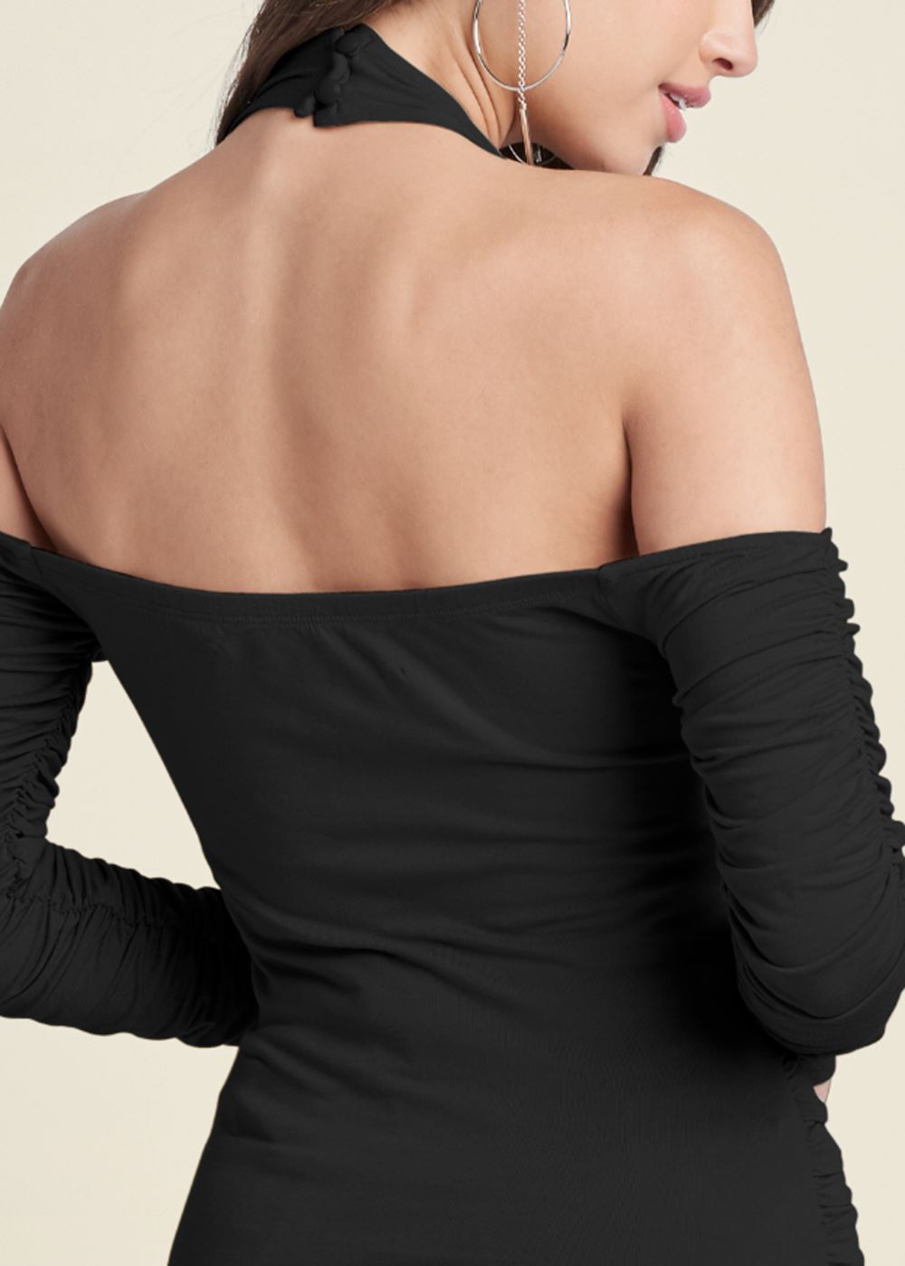 Venus Zip-Up Ruched V-Neck Top in Black