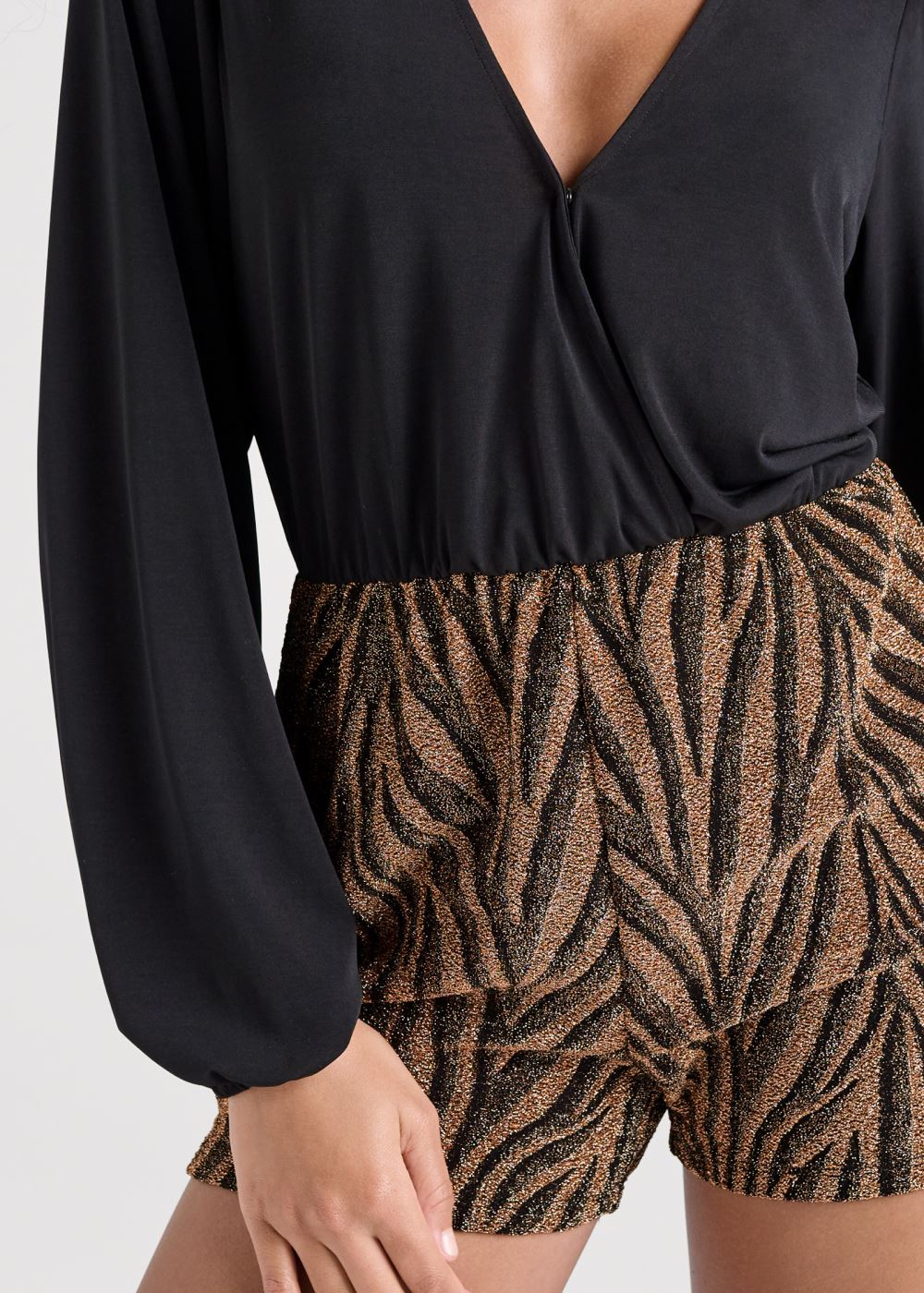 Venus Animal Print Shimmer Romper in Black Multi