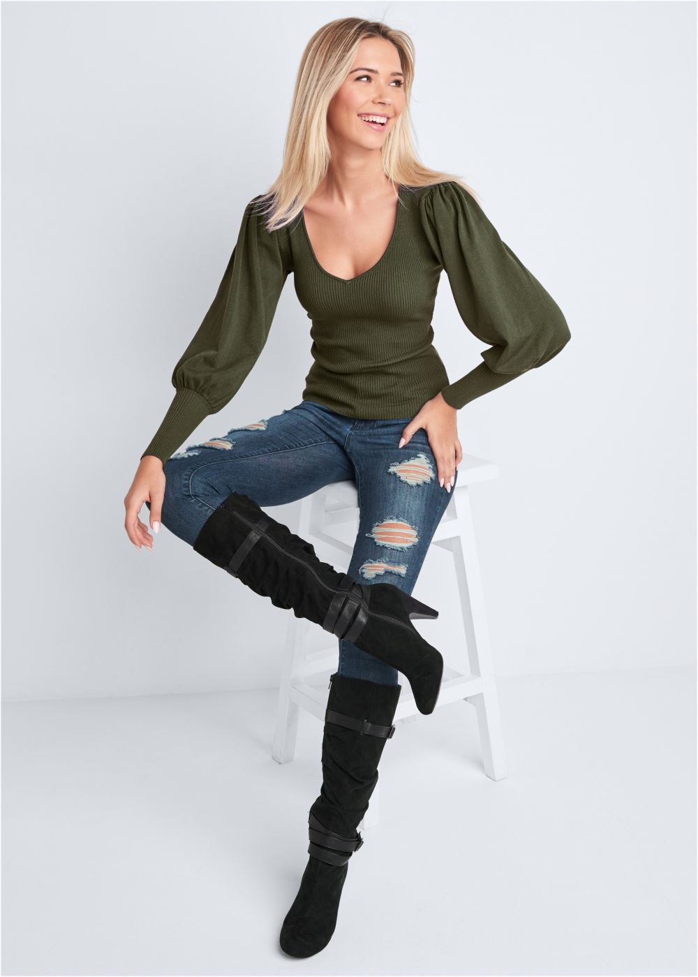 Venus VENUS | Puff Sleeve Sweater in Olive