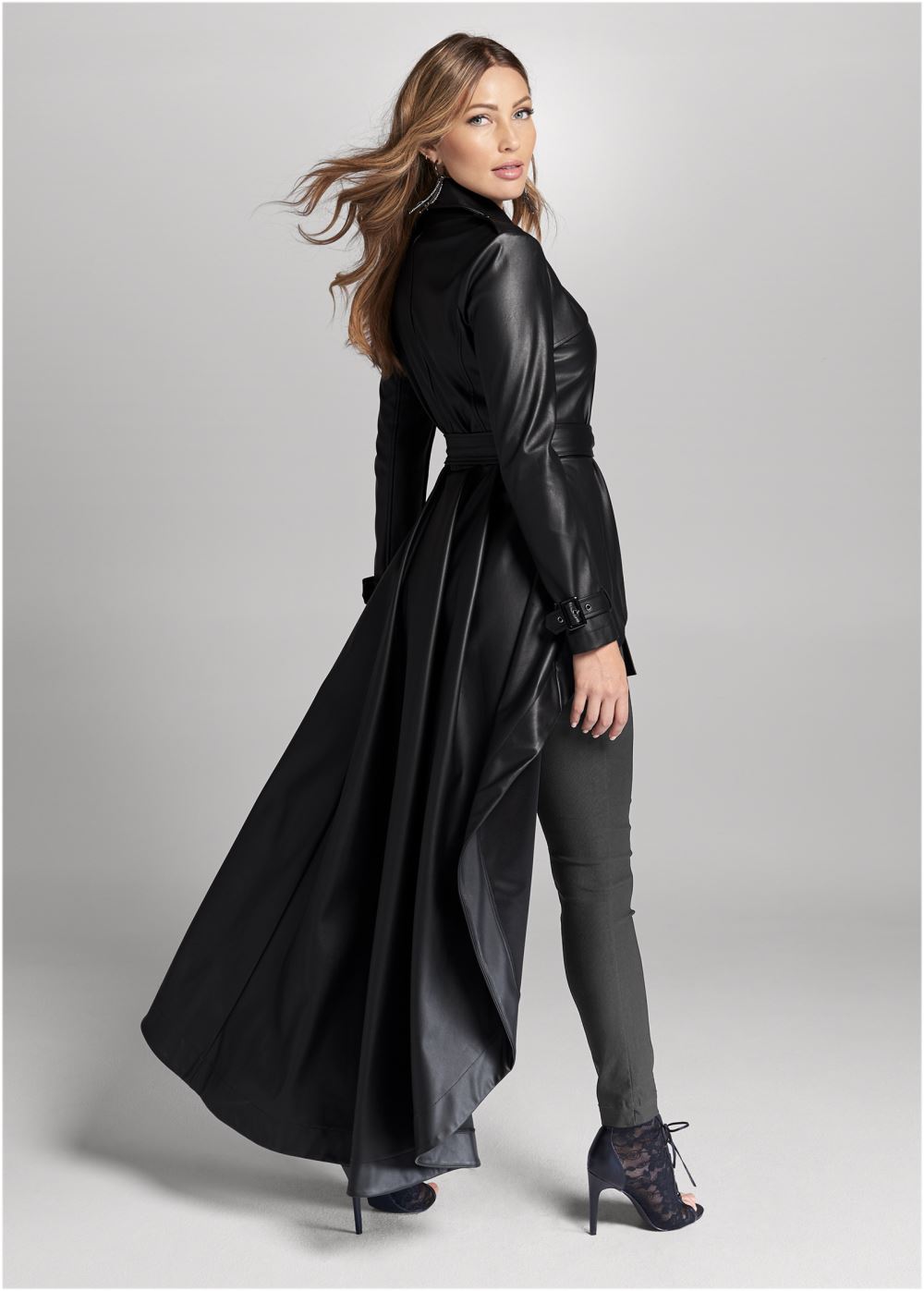 Venus High-Low Faux-Leather Trench Coat in Black