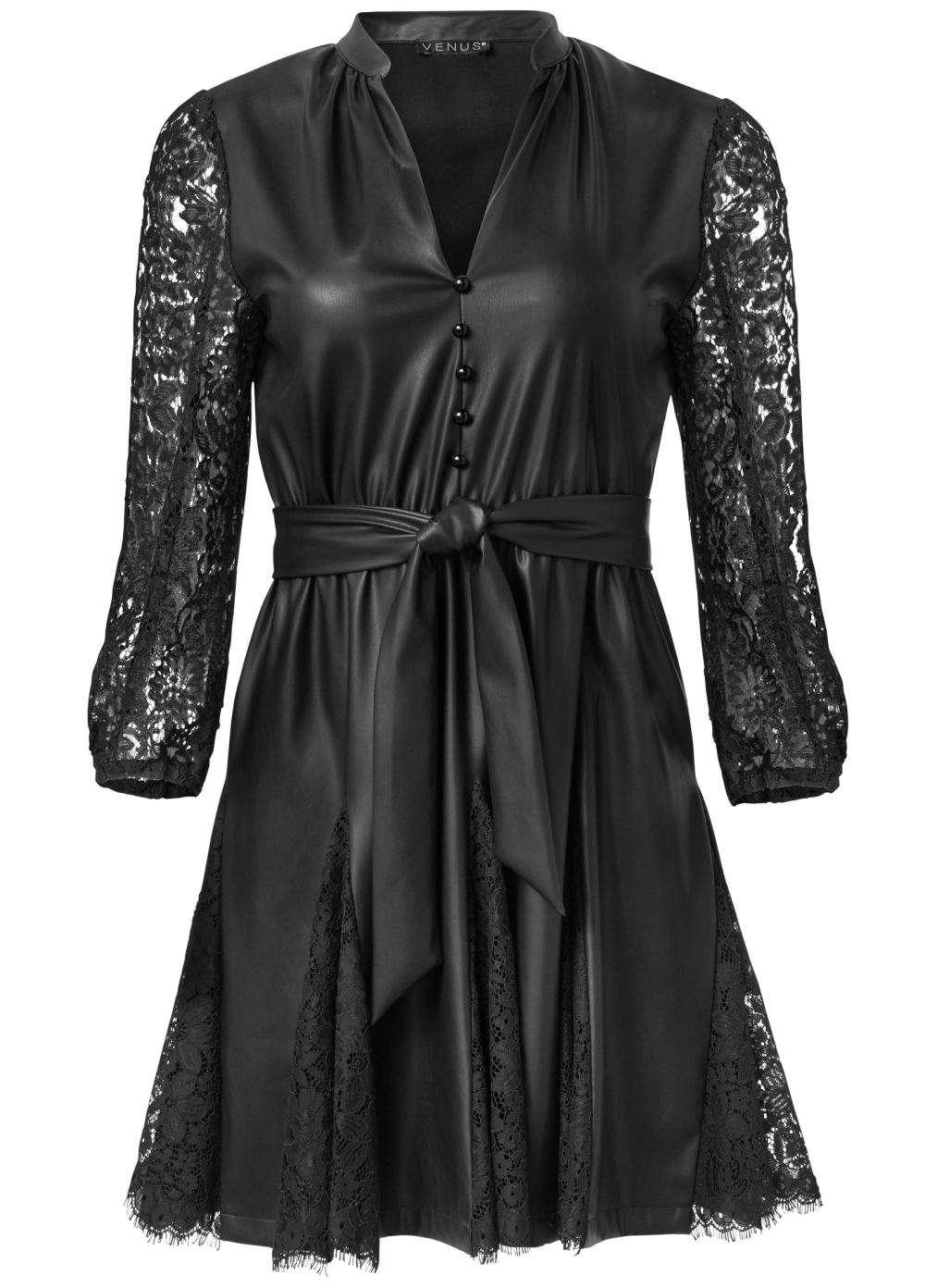 Venus Faux-Leather And Lace Dress - Black