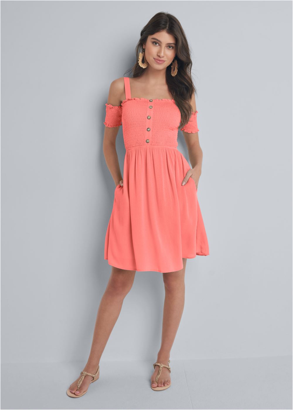 Venus Smocked A-Line Mini Dress - Coral