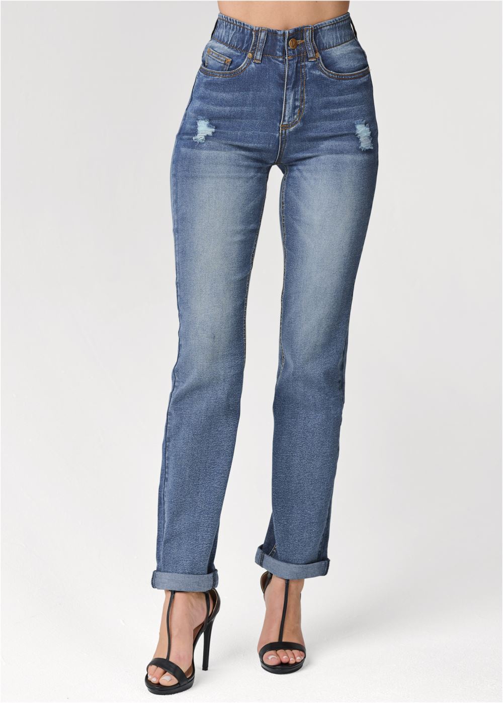 Venus Elastic Waistband Cuffed Jeans in Medium Wash