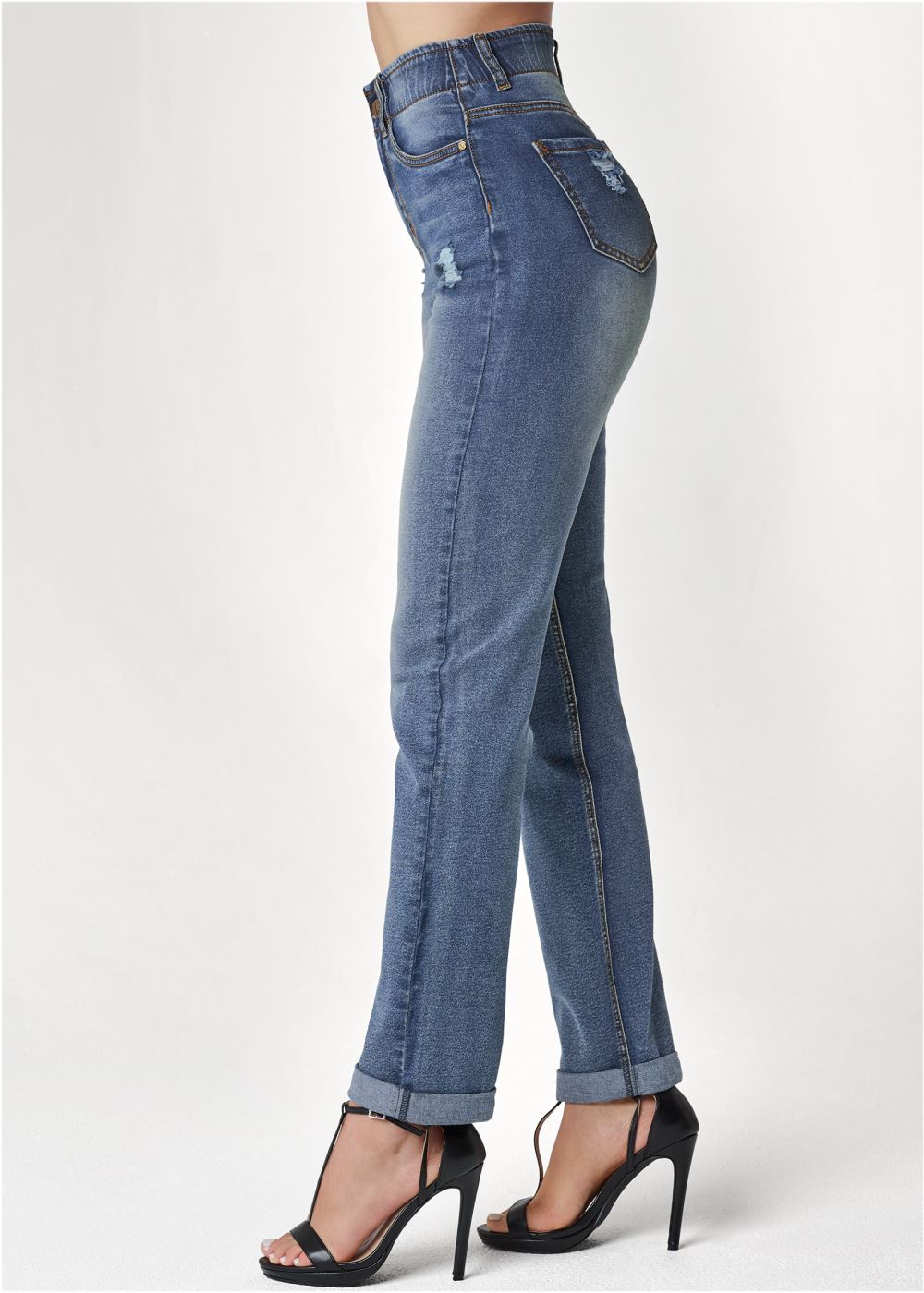 Venus Elastic Waistband Cuffed Jeans in Medium Wash