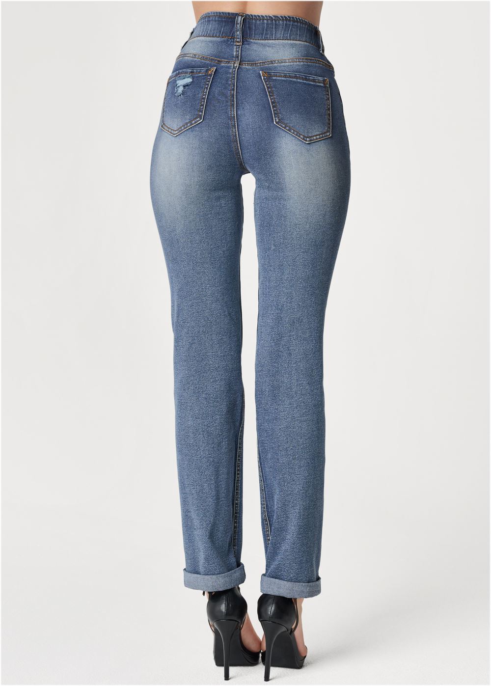 Venus Elastic Waistband Cuffed Jeans in Medium Wash