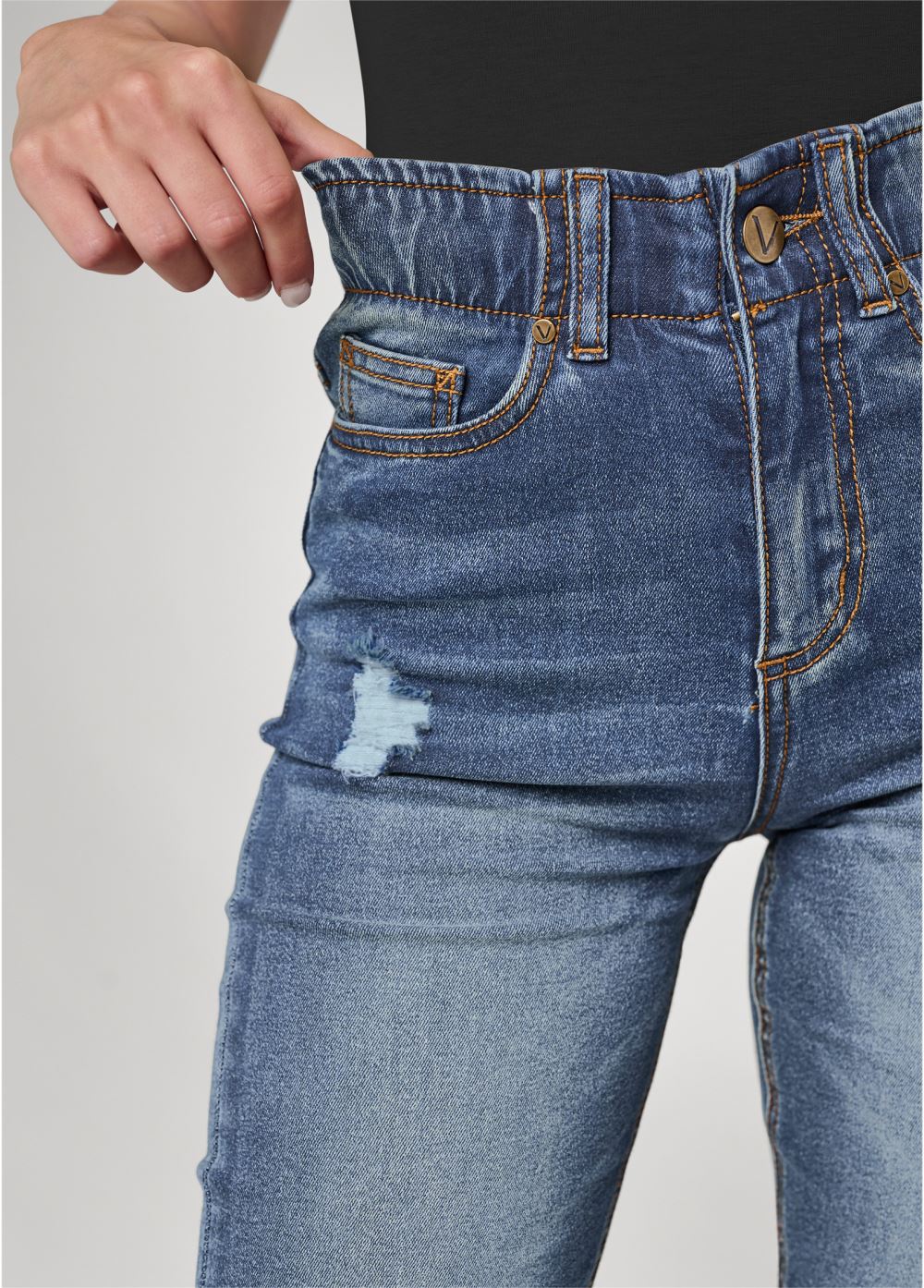 Venus Elastic Waistband Cuffed Jeans in Medium Wash