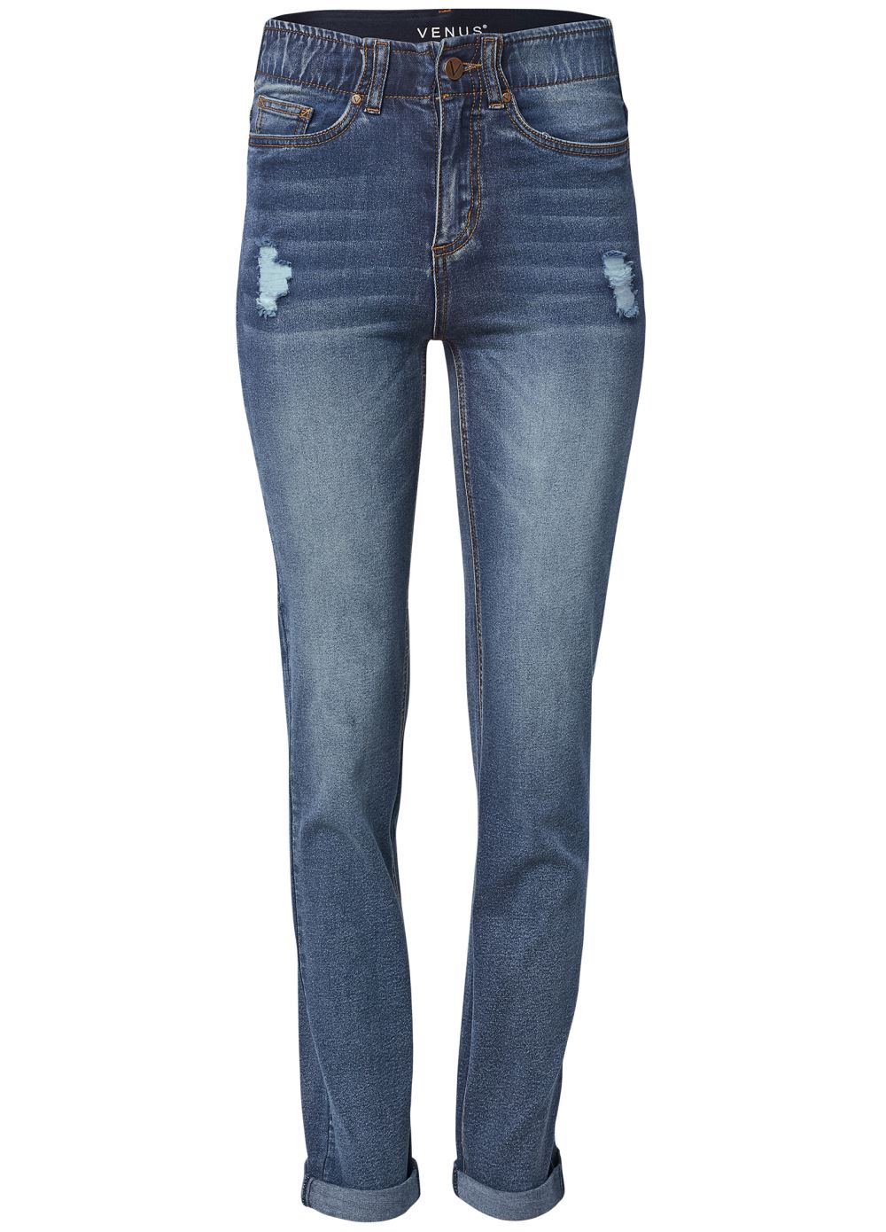 Venus Elastic Waistband Cuffed Jeans in Medium Wash