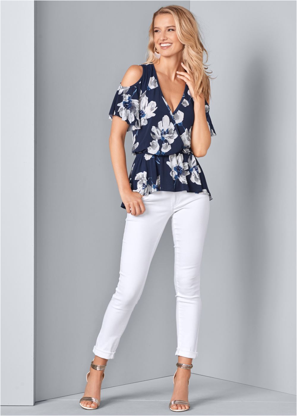 Venus Cold-Shoulder Print Top in Navy Multi