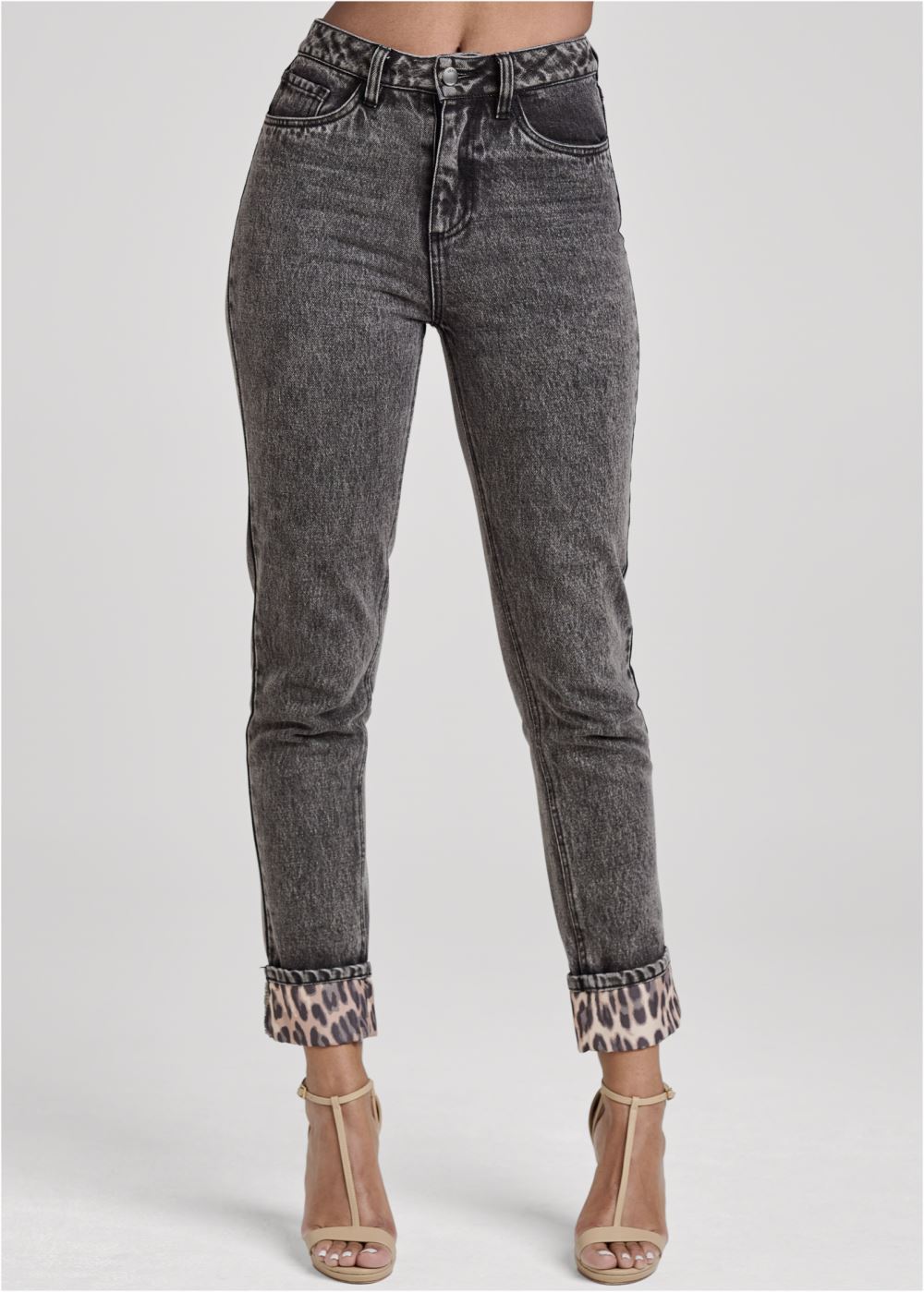 Venus New Vintage Leopard Cuff Straight Leg Jeans in Black Acid Wash
