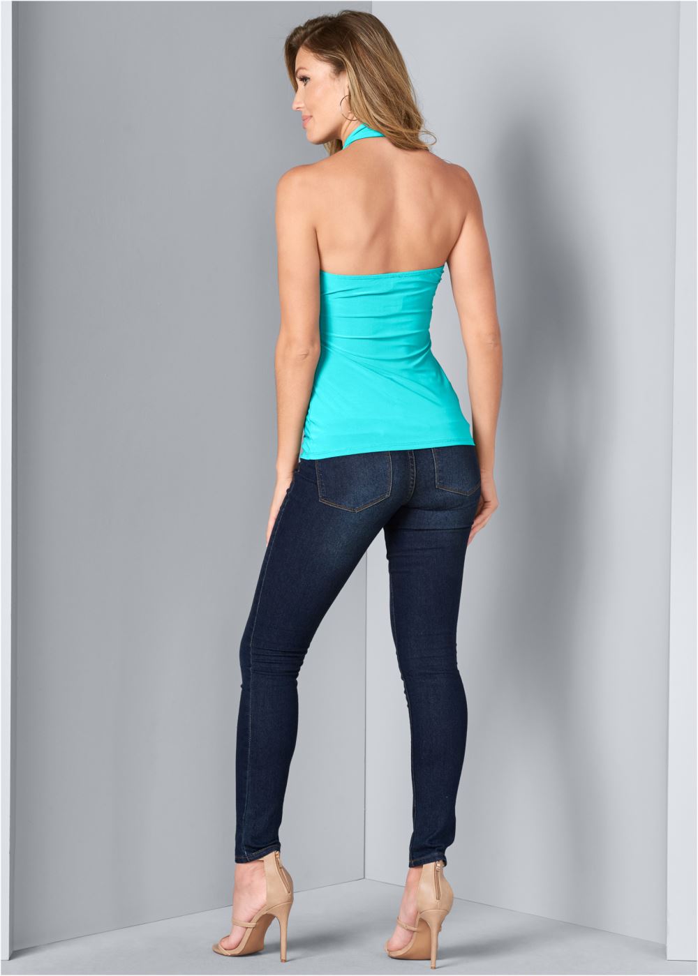 Venus Keyhole Detail Halter Top in Turquoise