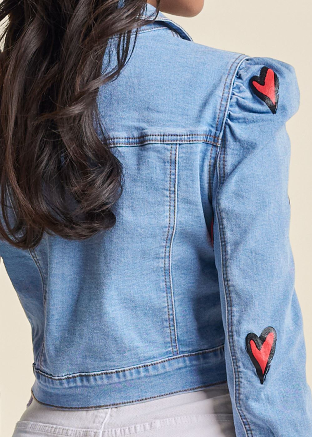 Venus Heart Cropped Jean Jacket in Blue Multi