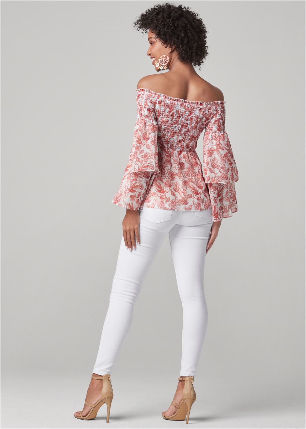 Venus Coral Reef Smocked Top in White & Coral