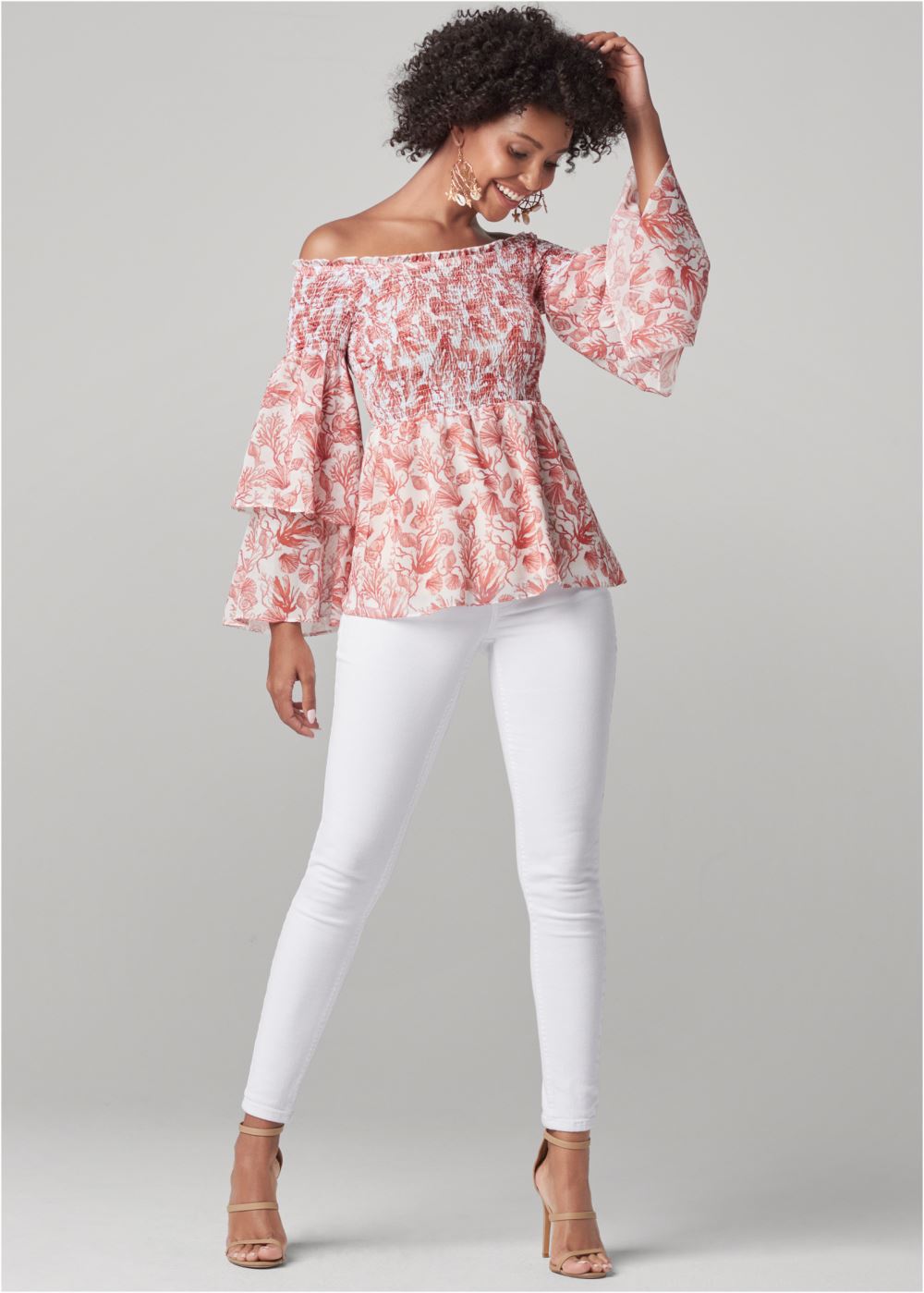 Venus Coral Reef Smocked Top in White & Coral