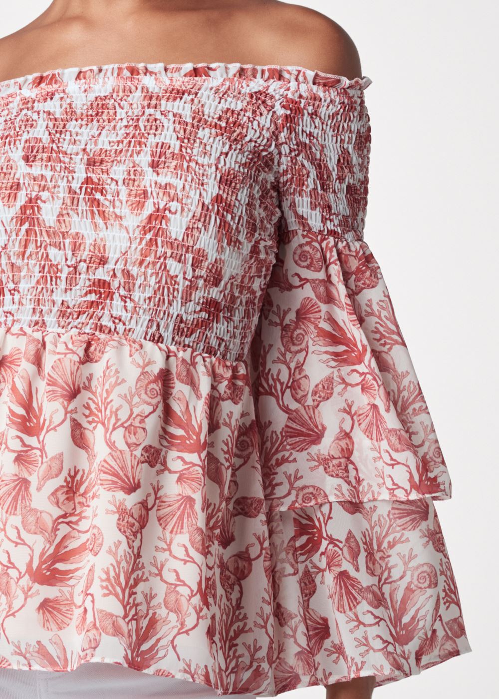 Venus Coral Reef Smocked Top in White & Coral