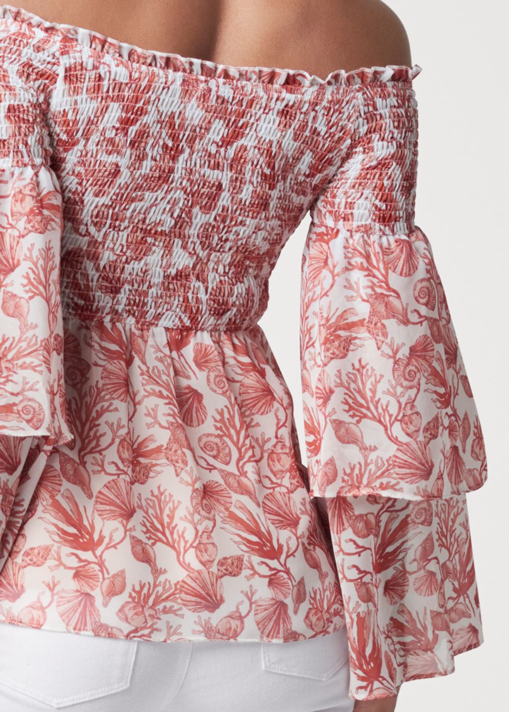 Venus Coral Reef Smocked Top in White & Coral