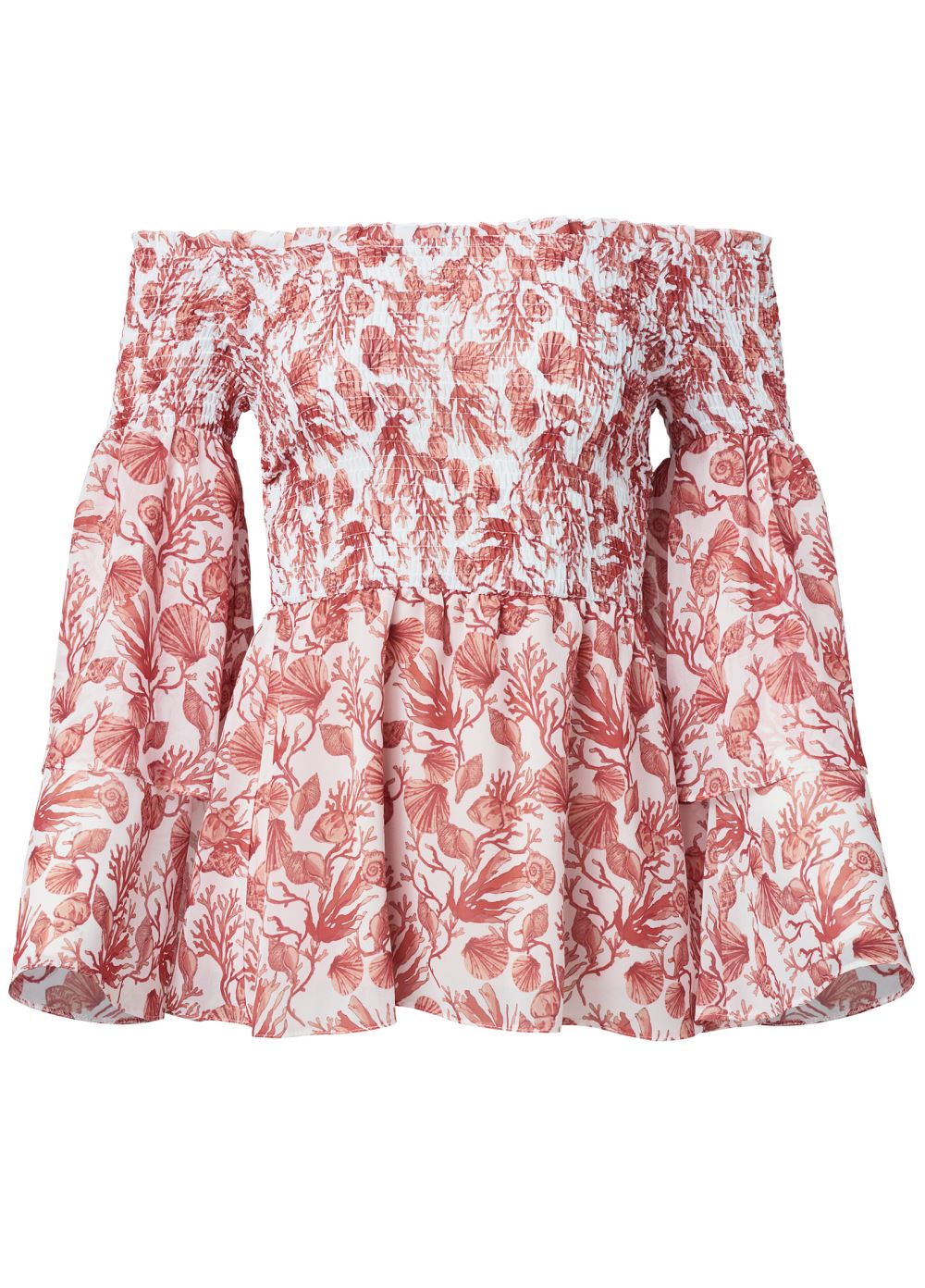 Venus Coral Reef Smocked Top in White & Coral