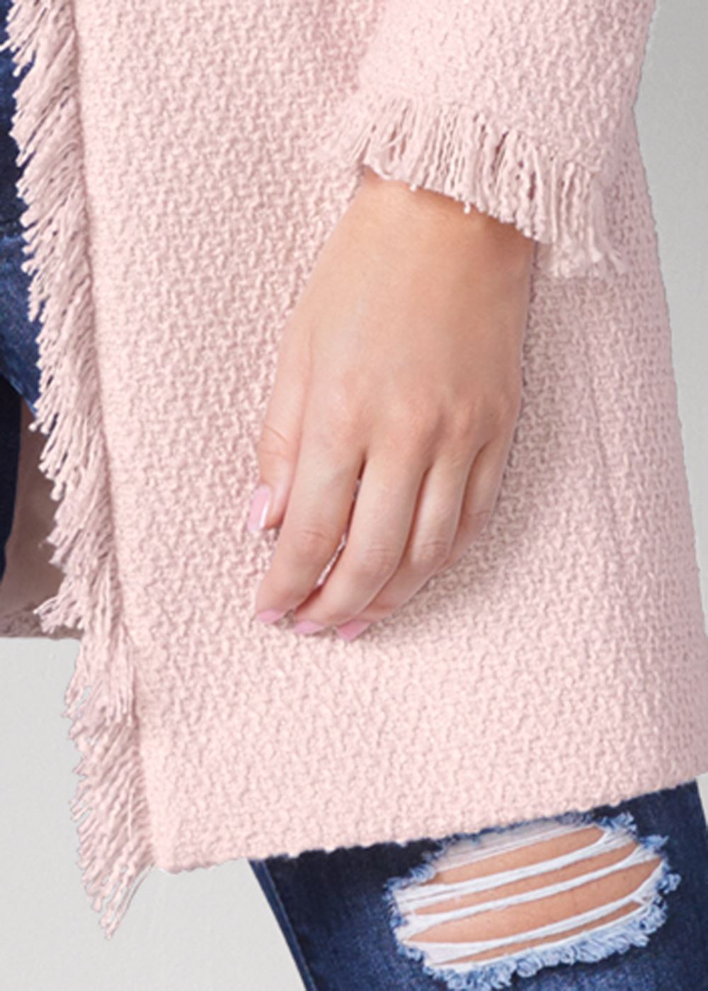 Venus Open Front Tweed Fringe Jacket in Light Pink