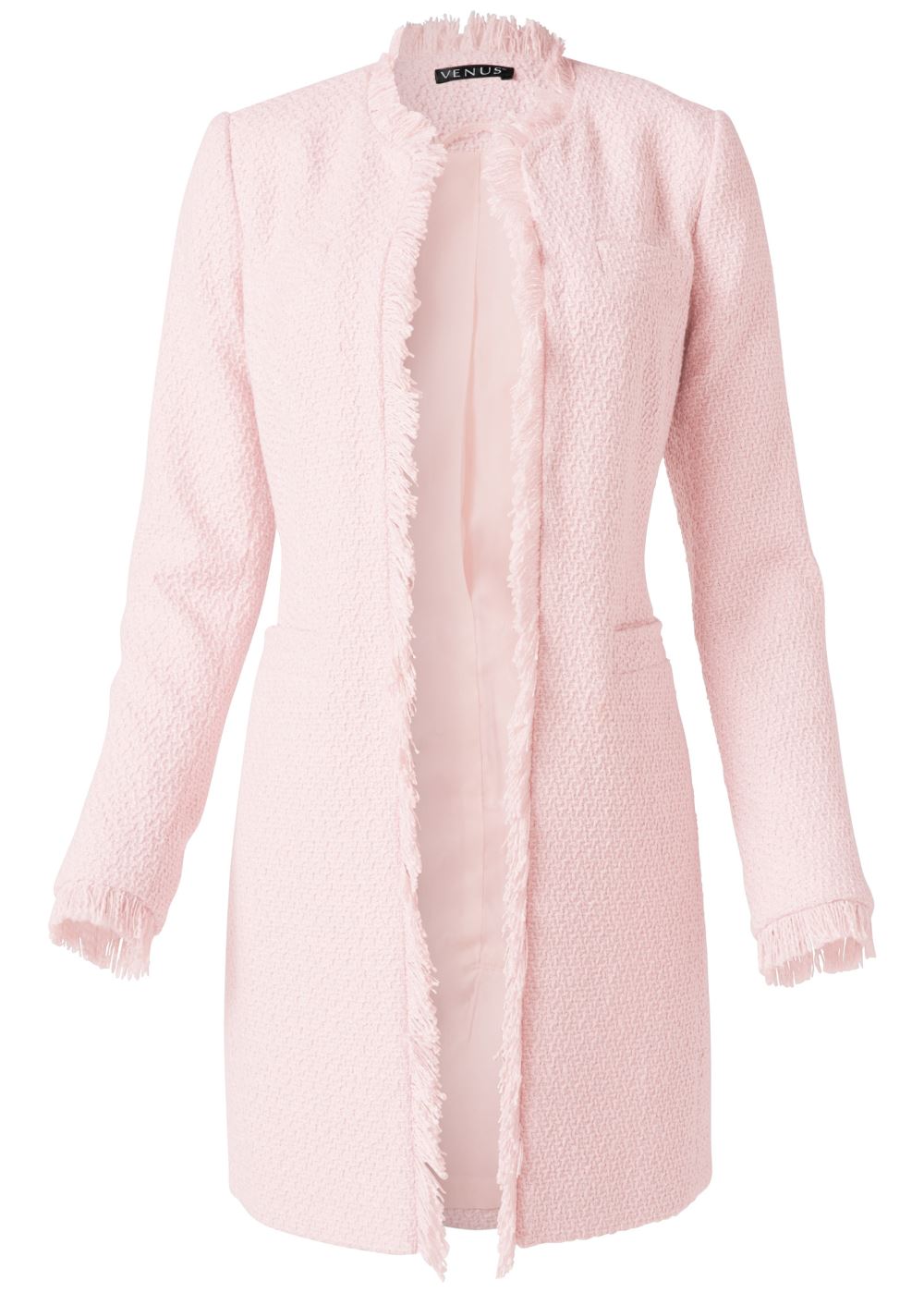 Venus Open Front Tweed Fringe Jacket in Light Pink