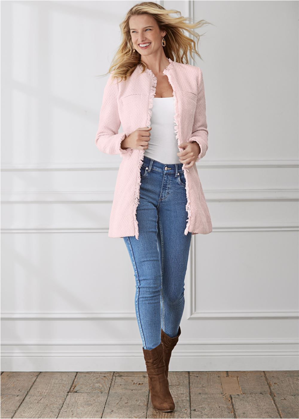 Venus Open Front Tweed Fringe Jacket in Light Pink