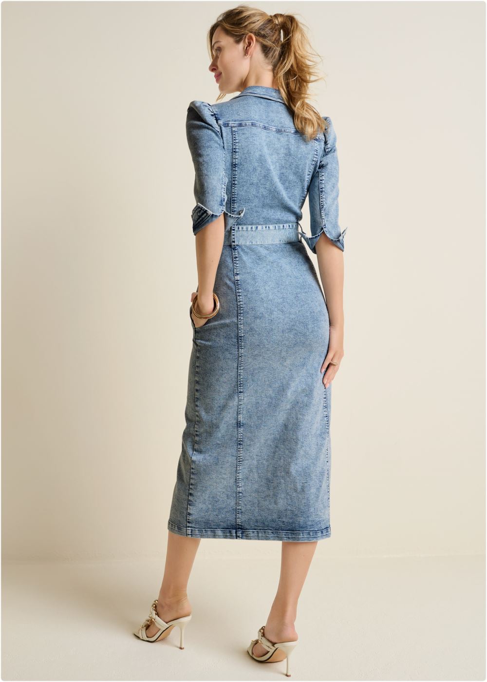 Venus Tie-Waist Denim Midi Dress - Acid Wash